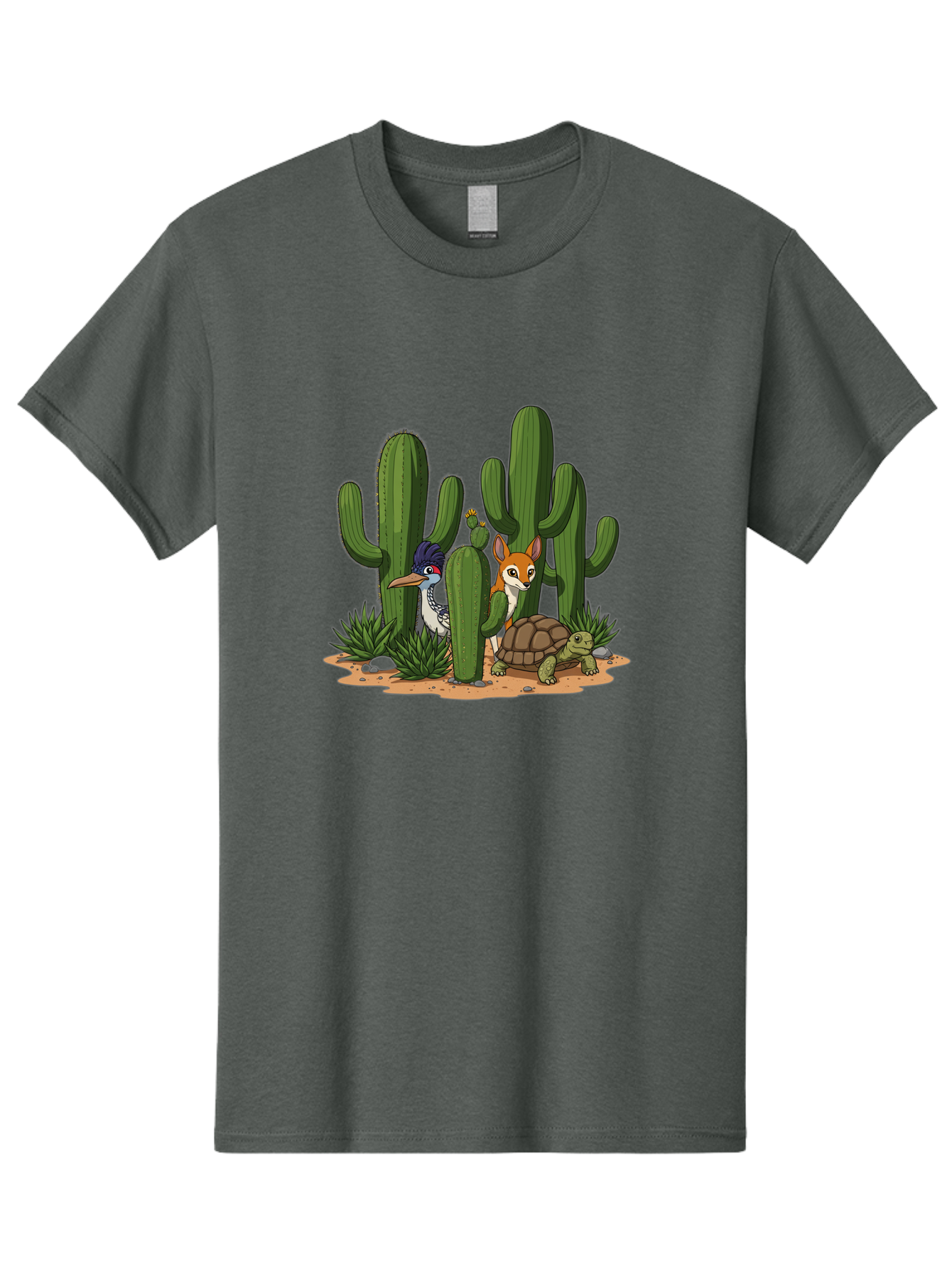 Kingfisher-Fennec-Fox-And-Turtle Men'S Graphic Tee, 100% Cotton, Comfortable Casual Summer Wear, Machine Washable, Cartoon Animals, Desert Wildlife, Cacti, Kingfisher Bird, Fennec Fox, Turtle, Desert Landscape, Wildlife Illustration, Bad252