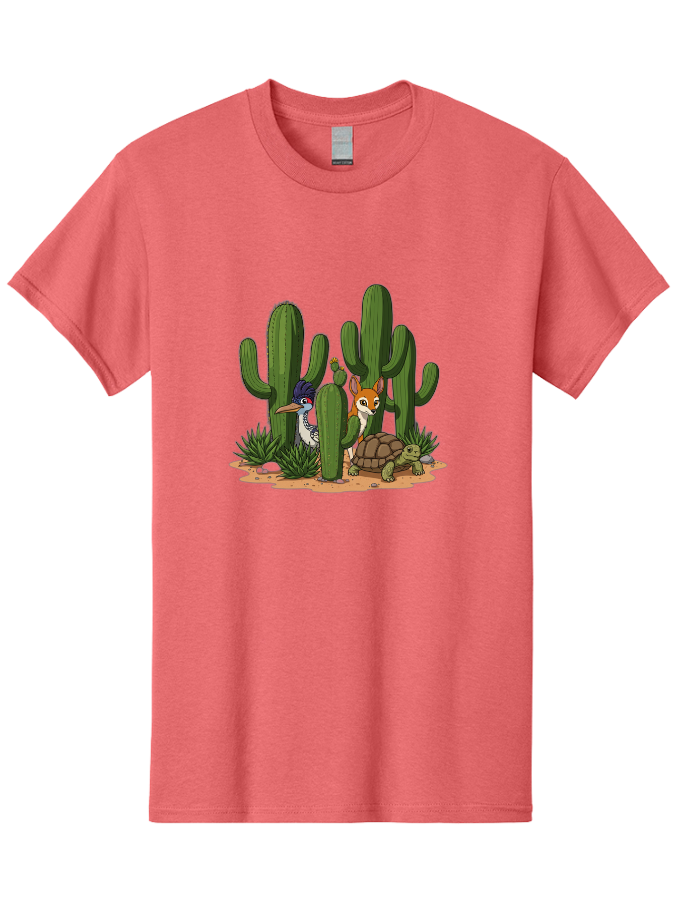 Kingfisher-Fennec-Fox-And-Turtle Men'S Graphic Tee, 100% Cotton, Comfortable Casual Summer Wear, Machine Washable, Cartoon Animals, Desert Wildlife, Cacti, Kingfisher Bird, Fennec Fox, Turtle, Desert Landscape, Wildlife Illustration, Bad252