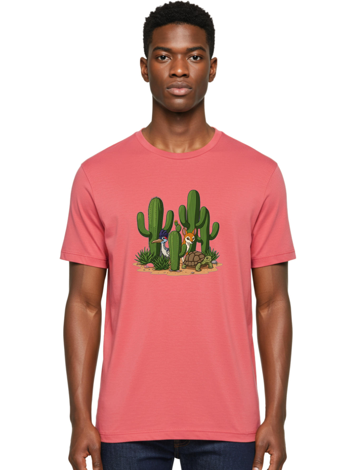 Kingfisher-Fennec-Fox-And-Turtle Men'S Graphic Tee, 100% Cotton, Comfortable Casual Summer Wear, Machine Washable, Cartoon Animals, Desert Wildlife, Cacti, Kingfisher Bird, Fennec Fox, Turtle, Desert Landscape, Wildlife Illustration, Bad252
