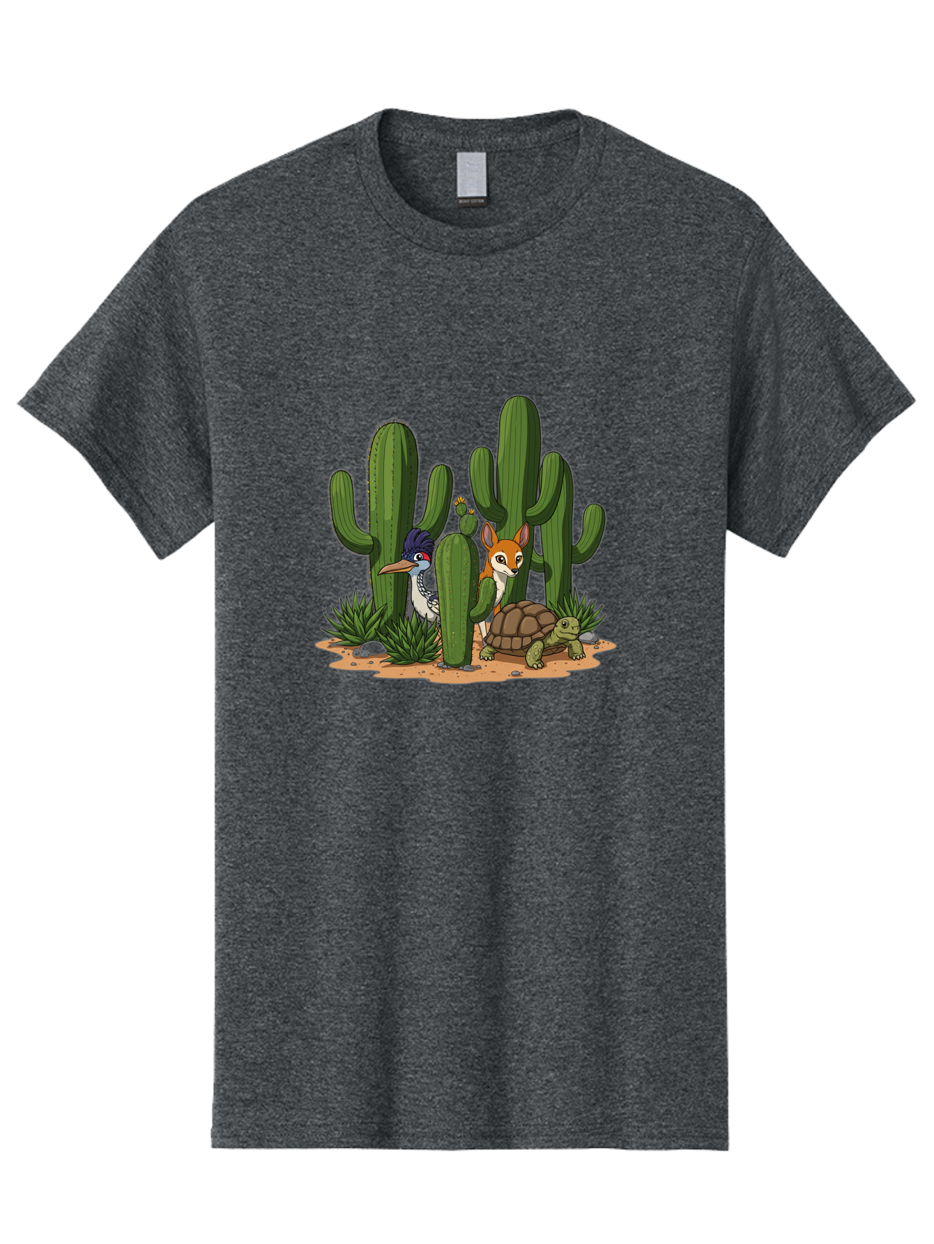 Kingfisher-Fennec-Fox-And-Turtle Men'S Graphic Tee, 100% Cotton, Comfortable Casual Summer Wear, Machine Washable, Cartoon Animals, Desert Wildlife, Cacti, Kingfisher Bird, Fennec Fox, Turtle, Desert Landscape, Wildlife Illustration, Bad252