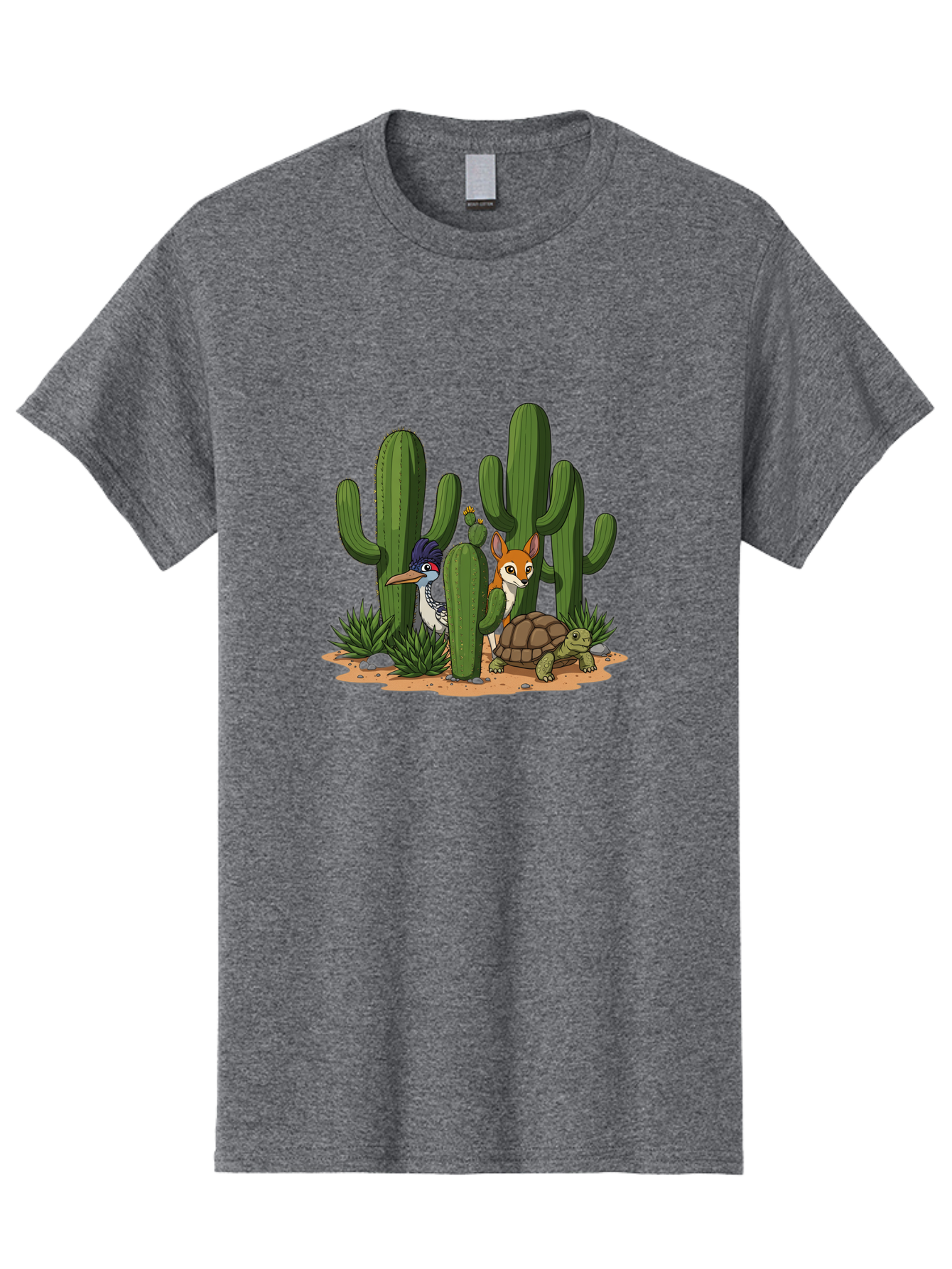 Kingfisher-Fennec-Fox-And-Turtle Men'S Graphic Tee, 100% Cotton, Comfortable Casual Summer Wear, Machine Washable, Cartoon Animals, Desert Wildlife, Cacti, Kingfisher Bird, Fennec Fox, Turtle, Desert Landscape, Wildlife Illustration, Bad252