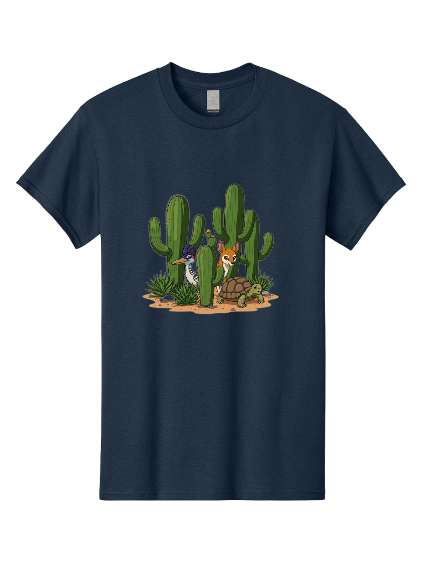 Kingfisher-Fennec-Fox-And-Turtle Men'S Graphic Tee, 100% Cotton, Comfortable Casual Summer Wear, Machine Washable, Cartoon Animals, Desert Wildlife, Cacti, Kingfisher Bird, Fennec Fox, Turtle, Desert Landscape, Wildlife Illustration, Bad252