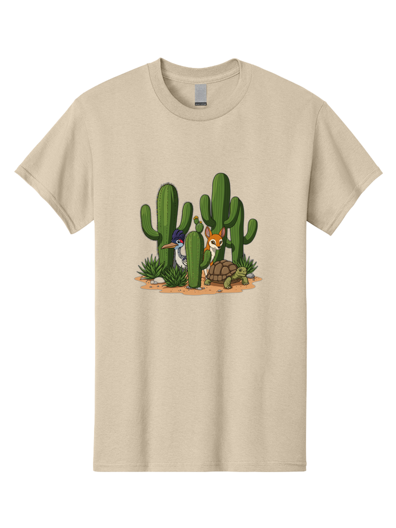Kingfisher-Fennec-Fox-And-Turtle Men'S Graphic Tee, 100% Cotton, Comfortable Casual Summer Wear, Machine Washable, Cartoon Animals, Desert Wildlife, Cacti, Kingfisher Bird, Fennec Fox, Turtle, Desert Landscape, Wildlife Illustration, Bad252