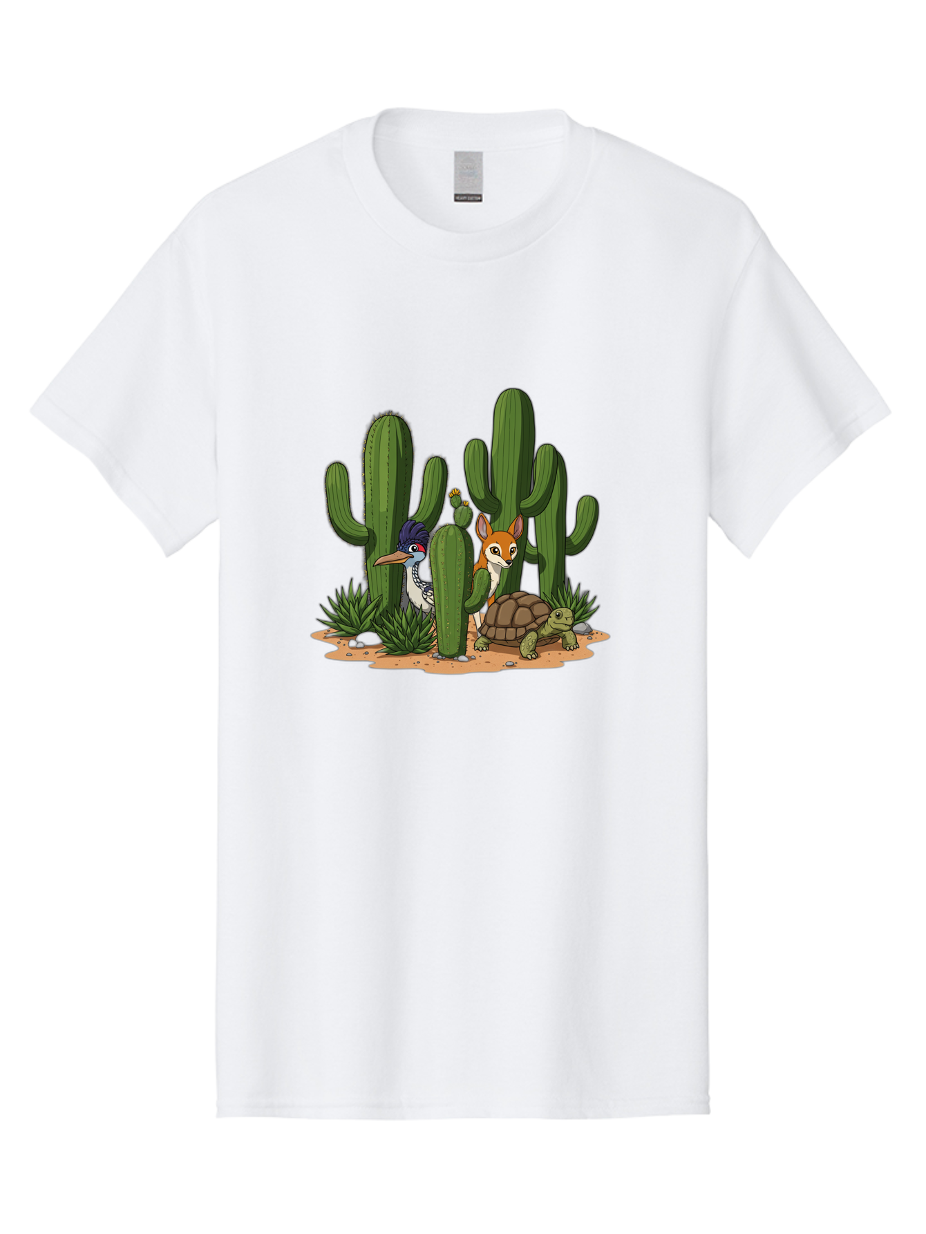 Kingfisher-Fennec-Fox-And-Turtle Men'S Graphic Tee, 100% Cotton, Comfortable Casual Summer Wear, Machine Washable, Cartoon Animals, Desert Wildlife, Cacti, Kingfisher Bird, Fennec Fox, Turtle, Desert Landscape, Wildlife Illustration, Bad252