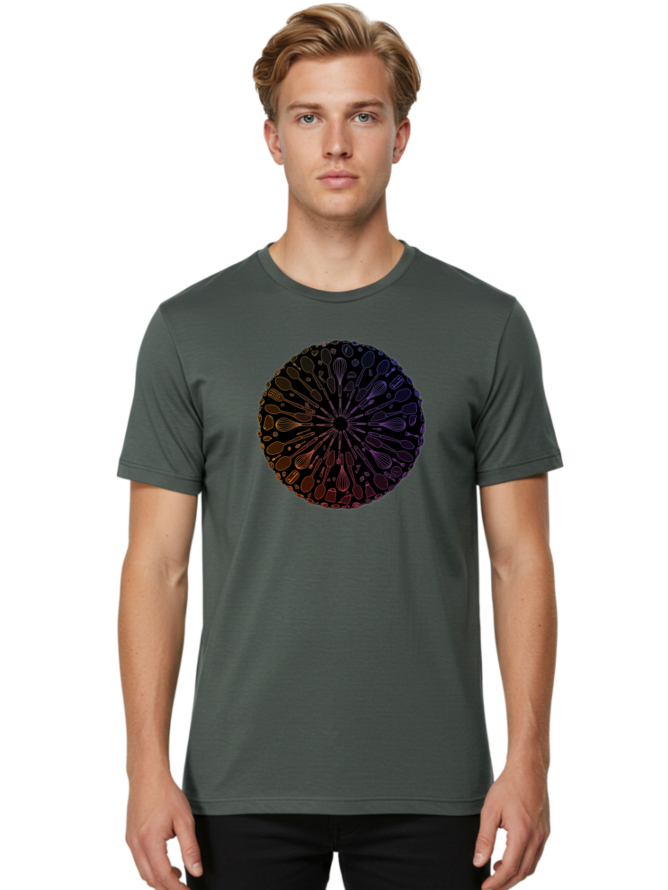 Kitchen-Utensils-Mandala Men'S Graphic Tee, 100% Cotton, Comfortable Casual Summer Wear, Machine Washable, Kitchen Utensils, Cooking Tools, Mandala Design, Colorful Gradient, Spoons, Whisks, Spatulas, Pastry Brushes, Food Preparation, Bad253
