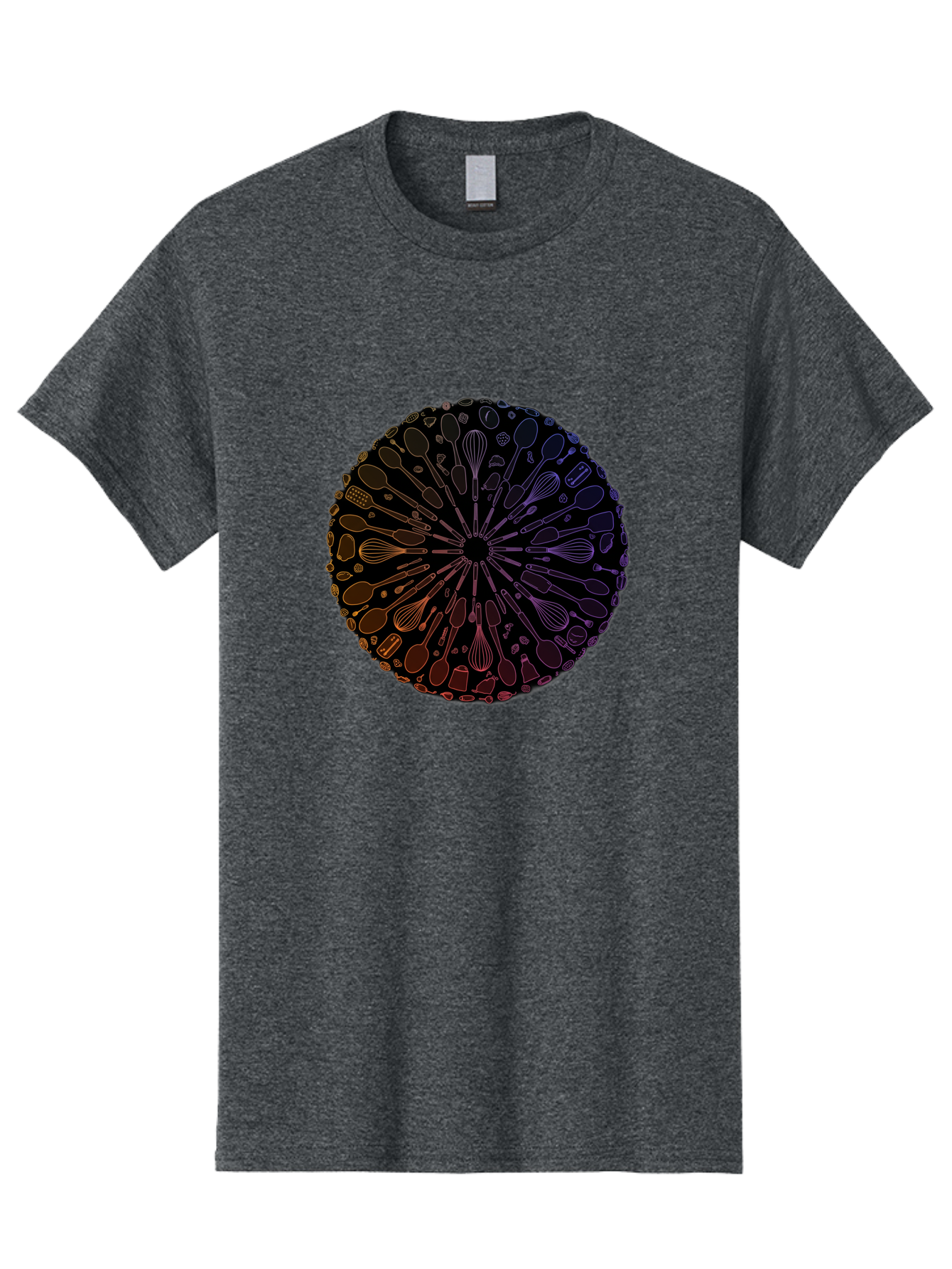 Kitchen-Utensils-Mandala Men'S Graphic Tee, 100% Cotton, Comfortable Casual Summer Wear, Machine Washable, Kitchen Utensils, Cooking Tools, Mandala Design, Colorful Gradient, Spoons, Whisks, Spatulas, Pastry Brushes, Food Preparation, Bad253