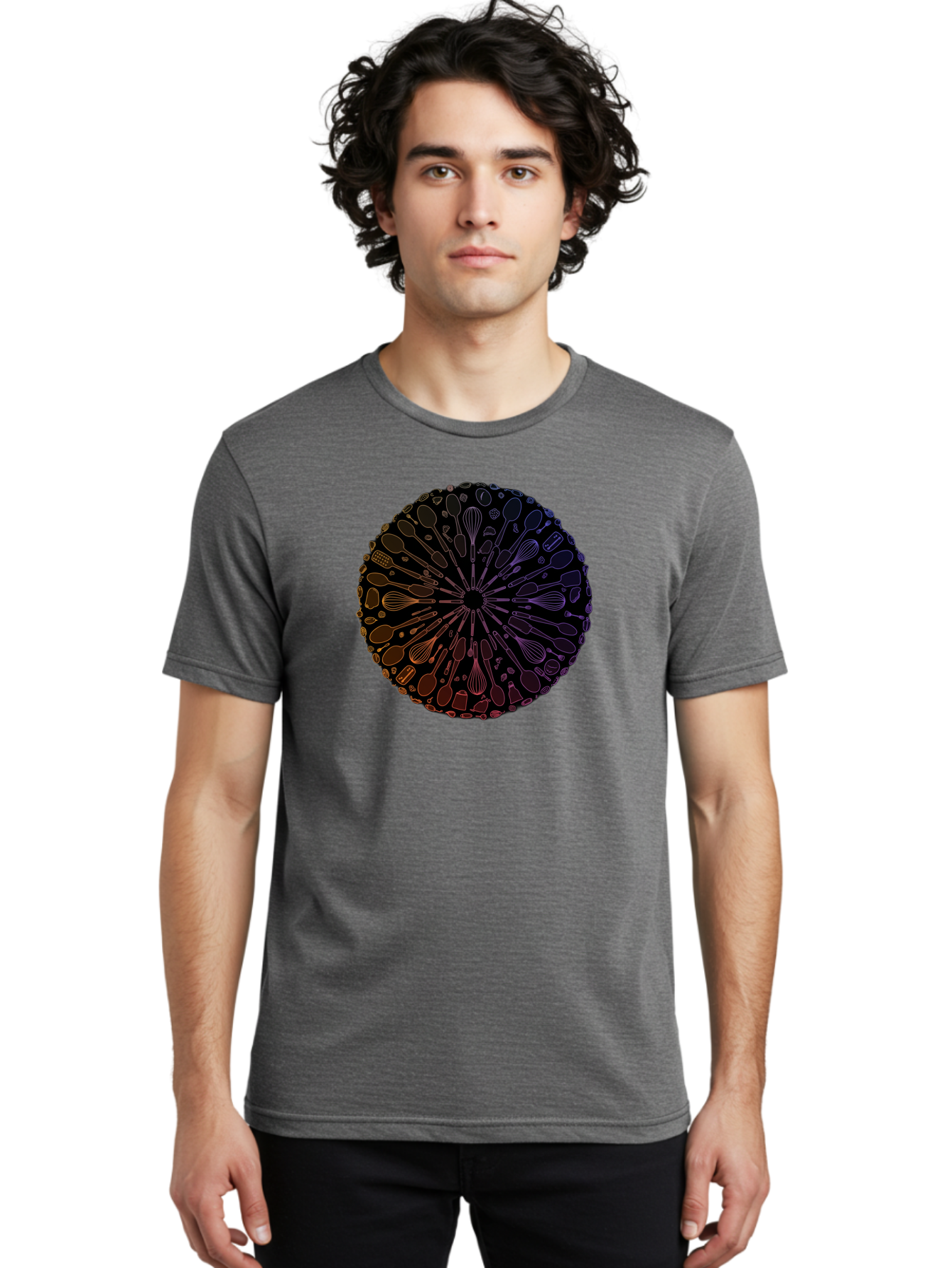 Kitchen-Utensils-Mandala Men'S Graphic Tee, 100% Cotton, Comfortable Casual Summer Wear, Machine Washable, Kitchen Utensils, Cooking Tools, Mandala Design, Colorful Gradient, Spoons, Whisks, Spatulas, Pastry Brushes, Food Preparation, Bad253