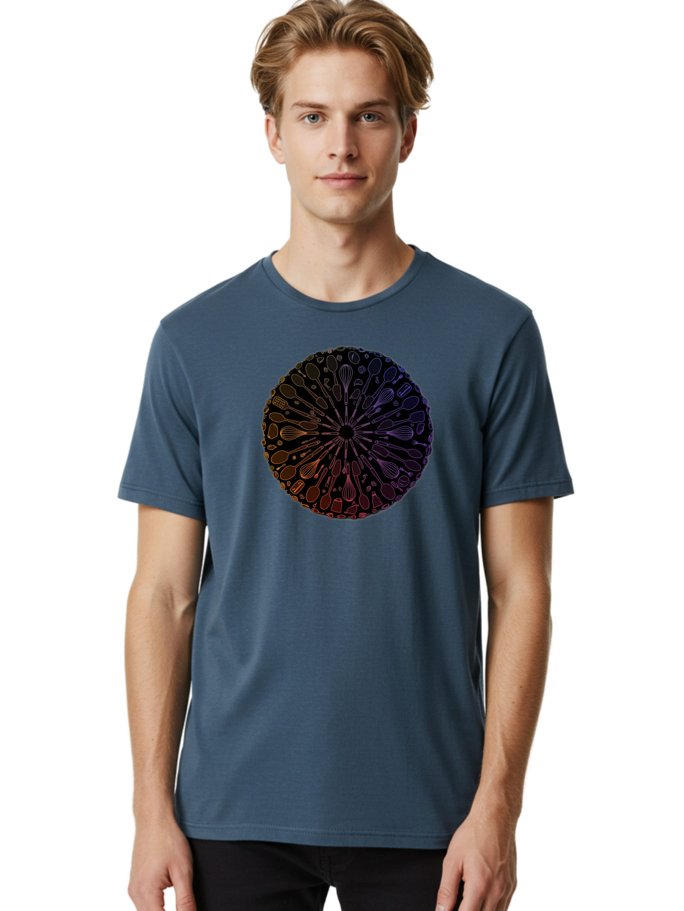 Kitchen-Utensils-Mandala Men'S Graphic Tee, 100% Cotton, Comfortable Casual Summer Wear, Machine Washable, Kitchen Utensils, Cooking Tools, Mandala Design, Colorful Gradient, Spoons, Whisks, Spatulas, Pastry Brushes, Food Preparation, Bad253