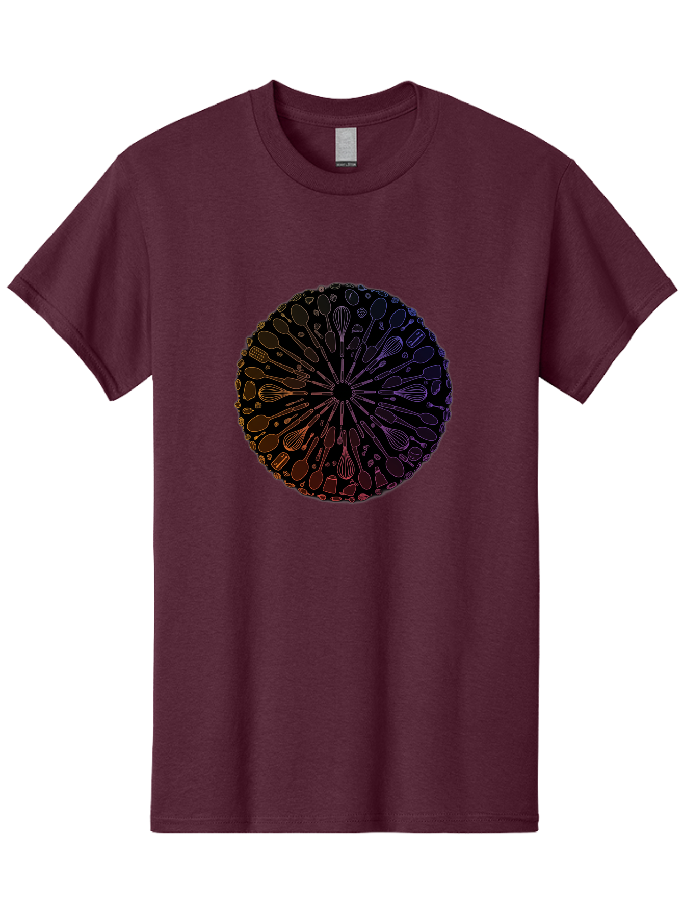 Kitchen-Utensils-Mandala Men'S Graphic Tee, 100% Cotton, Comfortable Casual Summer Wear, Machine Washable, Kitchen Utensils, Cooking Tools, Mandala Design, Colorful Gradient, Spoons, Whisks, Spatulas, Pastry Brushes, Food Preparation, Bad253