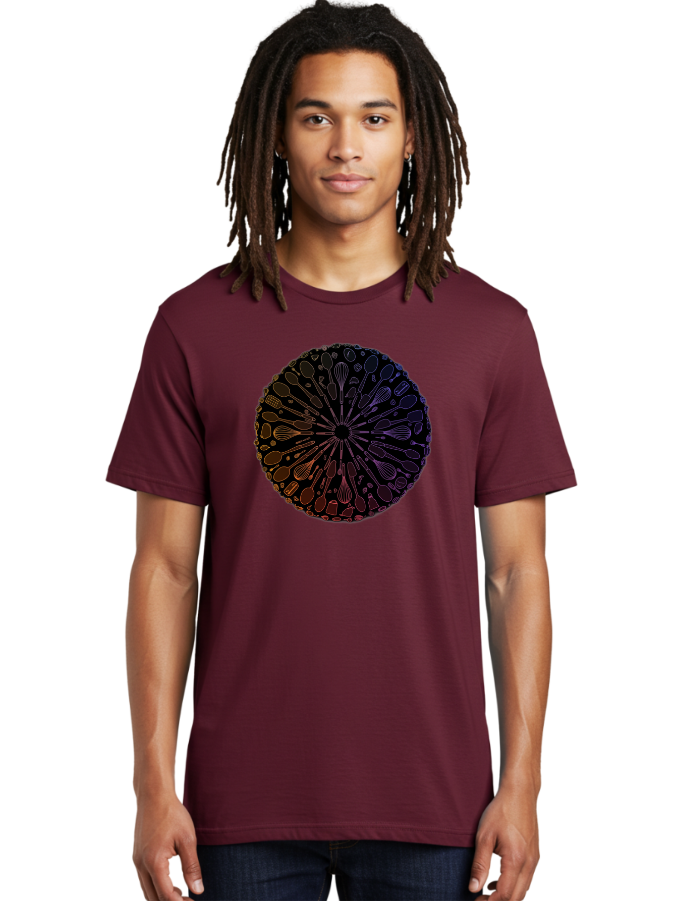 Kitchen-Utensils-Mandala Men'S Graphic Tee, 100% Cotton, Comfortable Casual Summer Wear, Machine Washable, Kitchen Utensils, Cooking Tools, Mandala Design, Colorful Gradient, Spoons, Whisks, Spatulas, Pastry Brushes, Food Preparation, Bad253