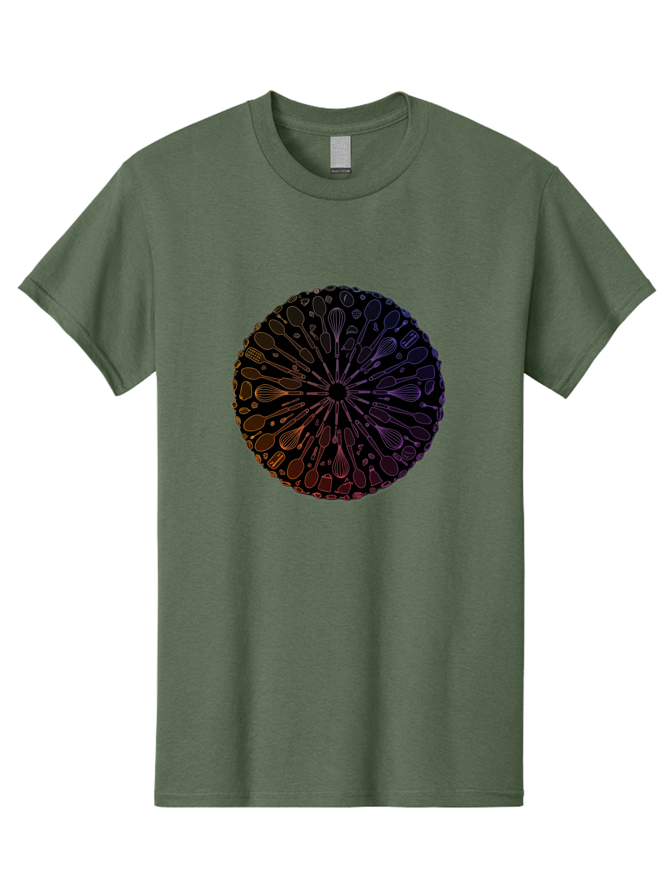 Kitchen-Utensils-Mandala Men'S Graphic Tee, 100% Cotton, Comfortable Casual Summer Wear, Machine Washable, Kitchen Utensils, Cooking Tools, Mandala Design, Colorful Gradient, Spoons, Whisks, Spatulas, Pastry Brushes, Food Preparation, Bad253
