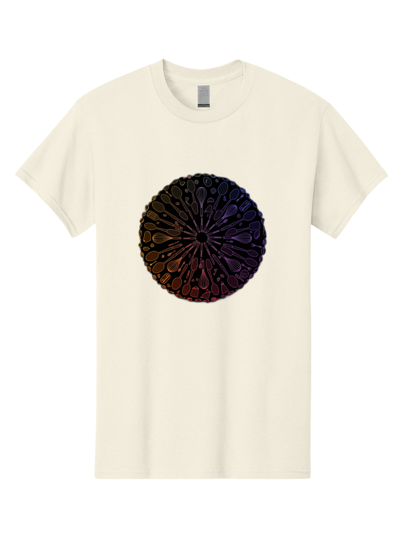 Kitchen-Utensils-Mandala Men'S Graphic Tee, 100% Cotton, Comfortable Casual Summer Wear, Machine Washable, Kitchen Utensils, Cooking Tools, Mandala Design, Colorful Gradient, Spoons, Whisks, Spatulas, Pastry Brushes, Food Preparation, Bad253