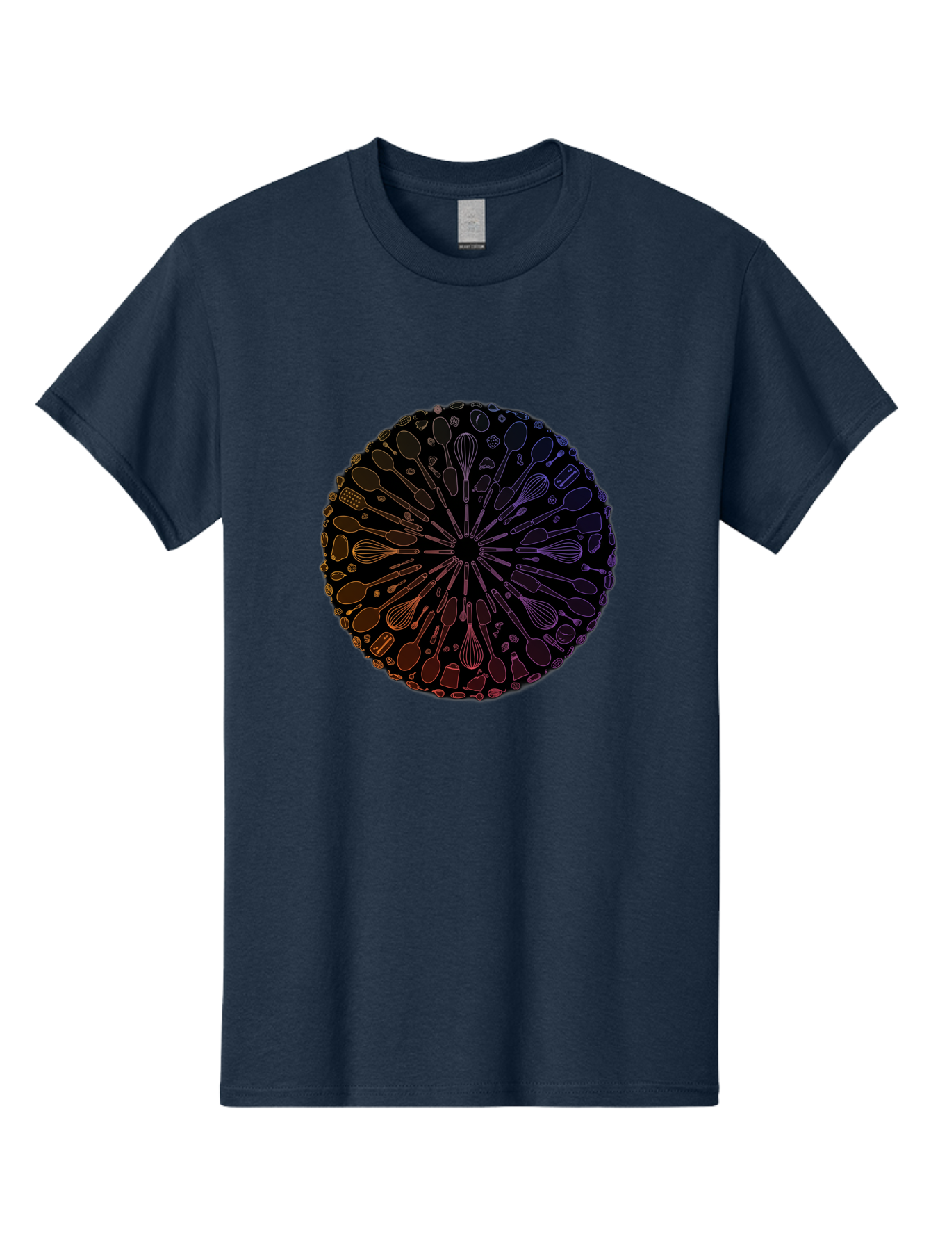 Kitchen-Utensils-Mandala Men'S Graphic Tee, 100% Cotton, Comfortable Casual Summer Wear, Machine Washable, Kitchen Utensils, Cooking Tools, Mandala Design, Colorful Gradient, Spoons, Whisks, Spatulas, Pastry Brushes, Food Preparation, Bad253