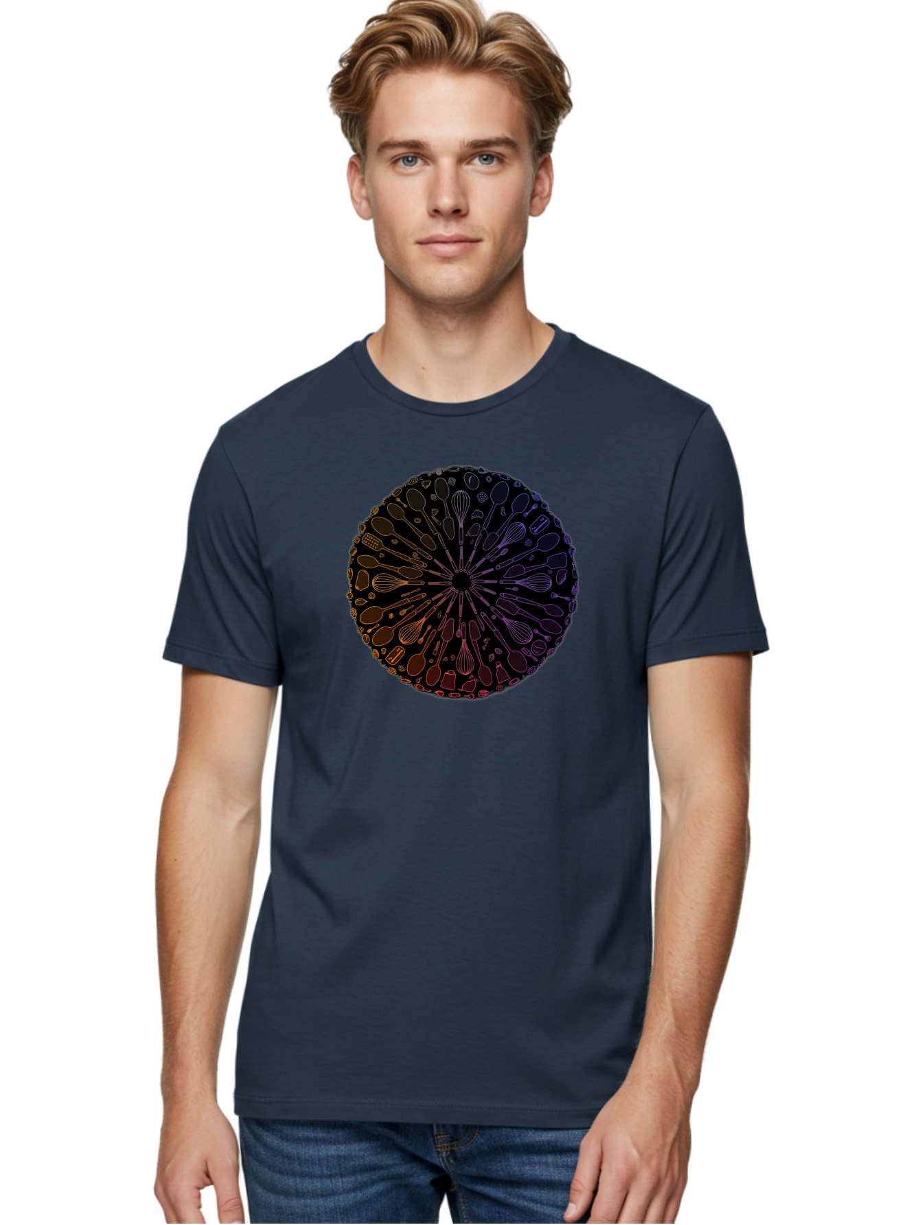 Kitchen-Utensils-Mandala Men'S Graphic Tee, 100% Cotton, Comfortable Casual Summer Wear, Machine Washable, Kitchen Utensils, Cooking Tools, Mandala Design, Colorful Gradient, Spoons, Whisks, Spatulas, Pastry Brushes, Food Preparation, Bad253