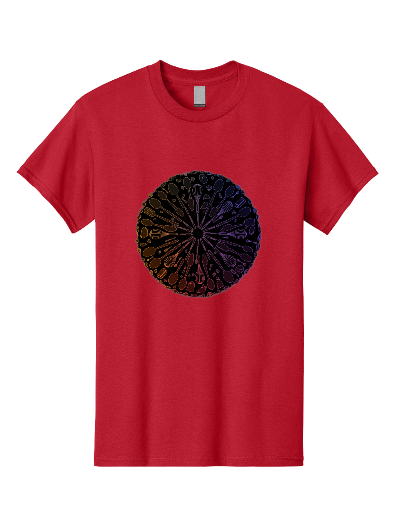 Kitchen-Utensils-Mandala Men'S Graphic Tee, 100% Cotton, Comfortable Casual Summer Wear, Machine Washable, Kitchen Utensils, Cooking Tools, Mandala Design, Colorful Gradient, Spoons, Whisks, Spatulas, Pastry Brushes, Food Preparation, Bad253