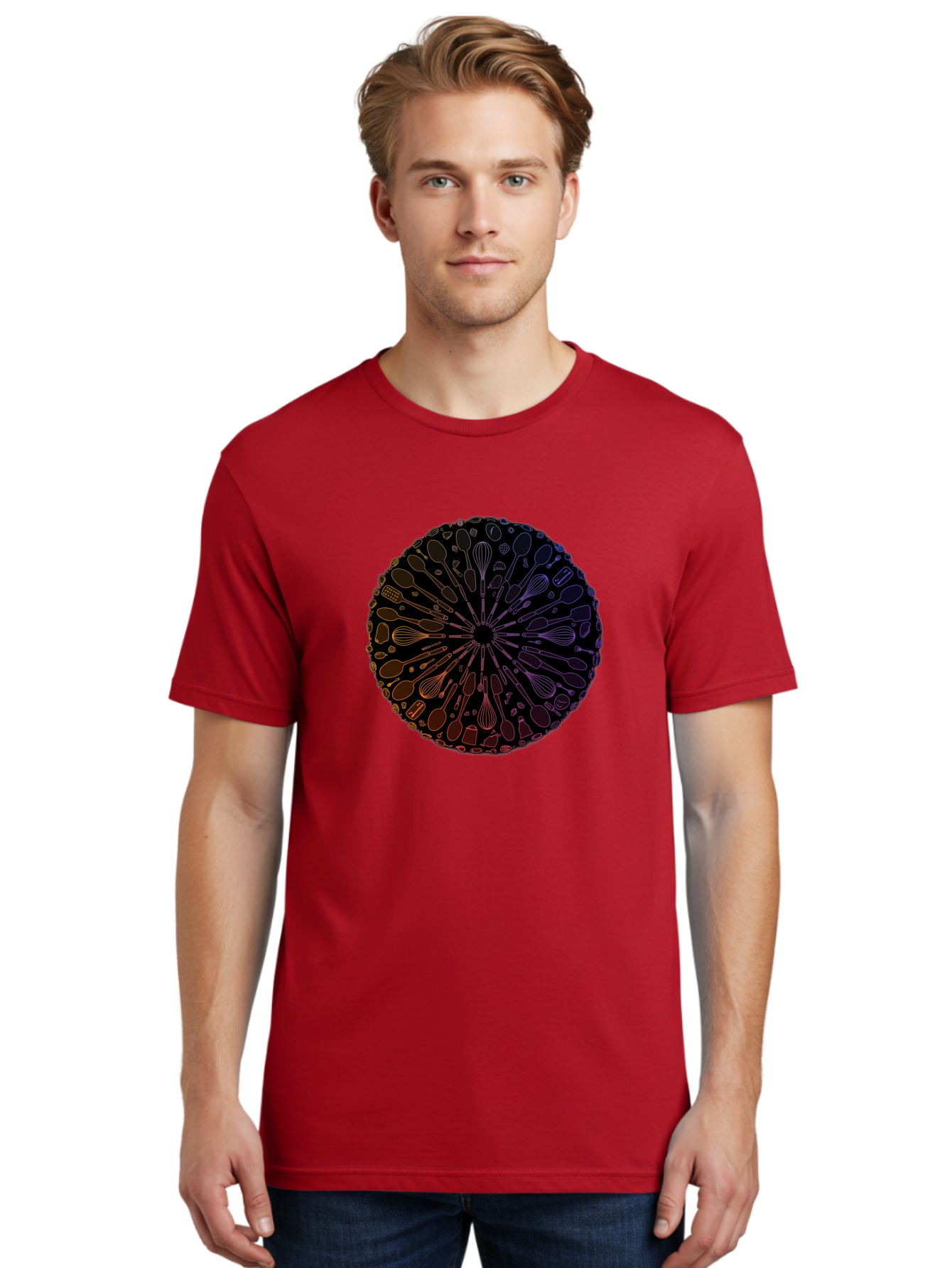 Kitchen-Utensils-Mandala Men'S Graphic Tee, 100% Cotton, Comfortable Casual Summer Wear, Machine Washable, Kitchen Utensils, Cooking Tools, Mandala Design, Colorful Gradient, Spoons, Whisks, Spatulas, Pastry Brushes, Food Preparation, Bad253
