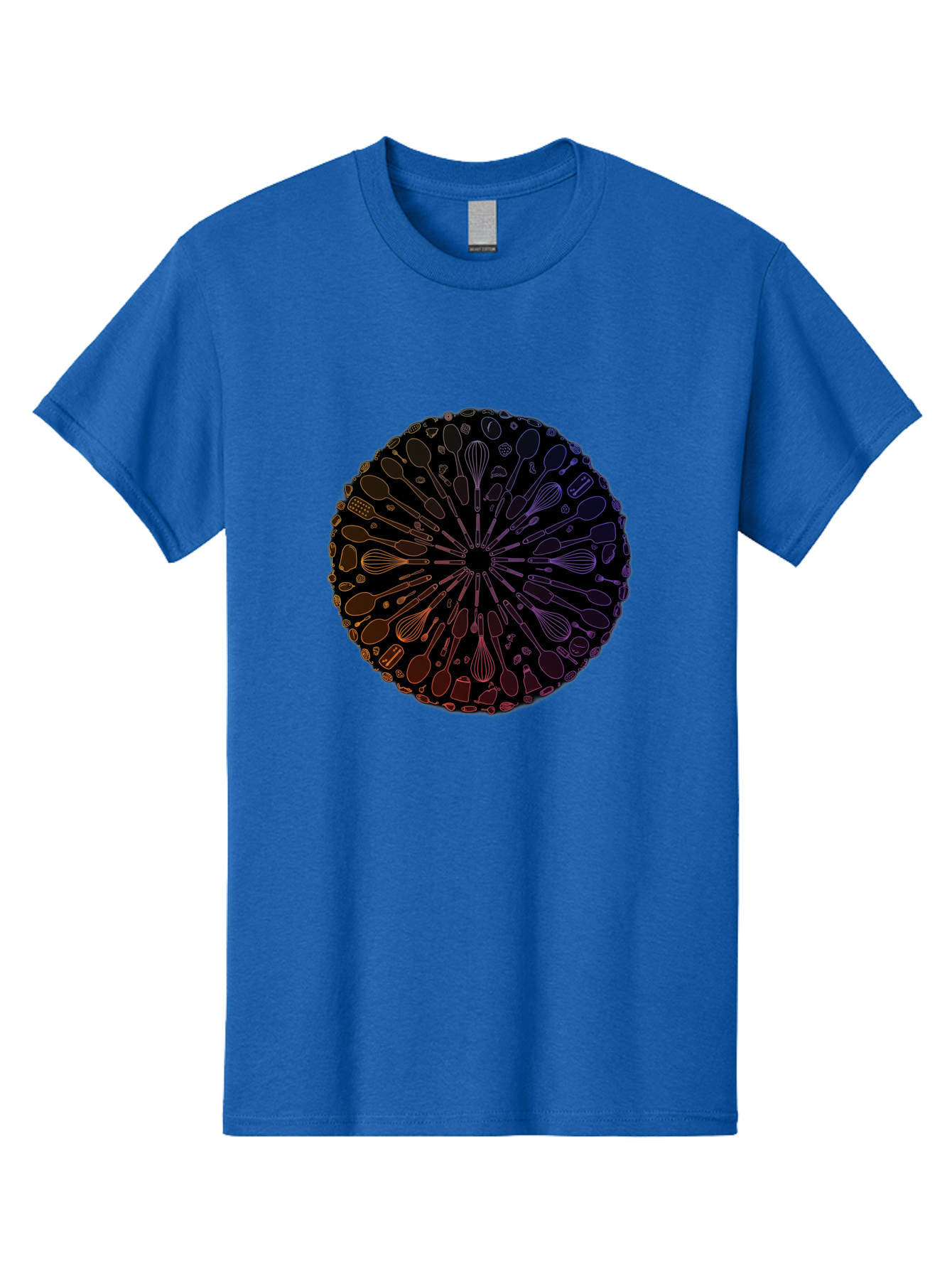 Kitchen-Utensils-Mandala Men'S Graphic Tee, 100% Cotton, Comfortable Casual Summer Wear, Machine Washable, Kitchen Utensils, Cooking Tools, Mandala Design, Colorful Gradient, Spoons, Whisks, Spatulas, Pastry Brushes, Food Preparation, Bad253