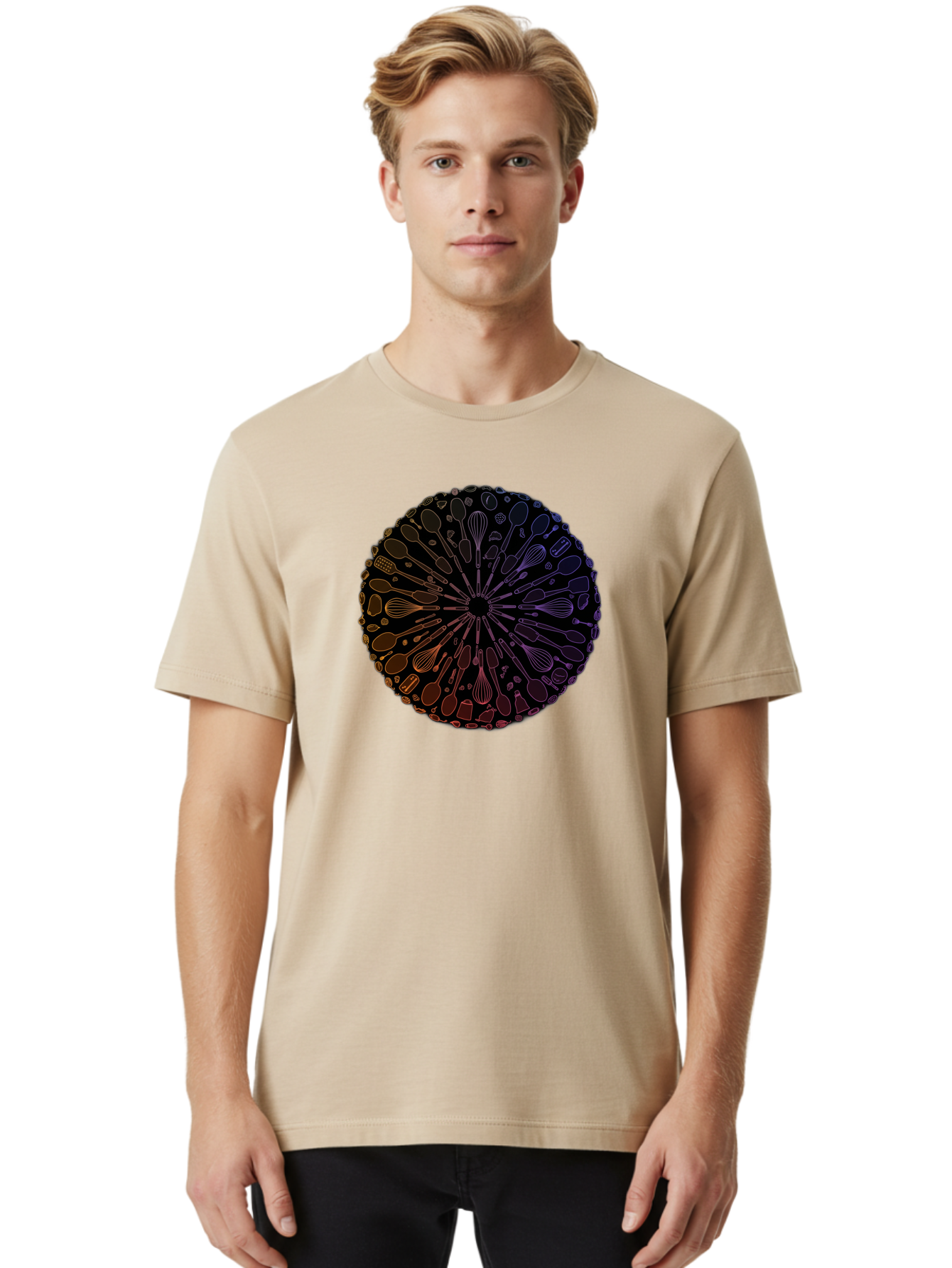 Kitchen-Utensils-Mandala Men'S Graphic Tee, 100% Cotton, Comfortable Casual Summer Wear, Machine Washable, Kitchen Utensils, Cooking Tools, Mandala Design, Colorful Gradient, Spoons, Whisks, Spatulas, Pastry Brushes, Food Preparation, Bad253