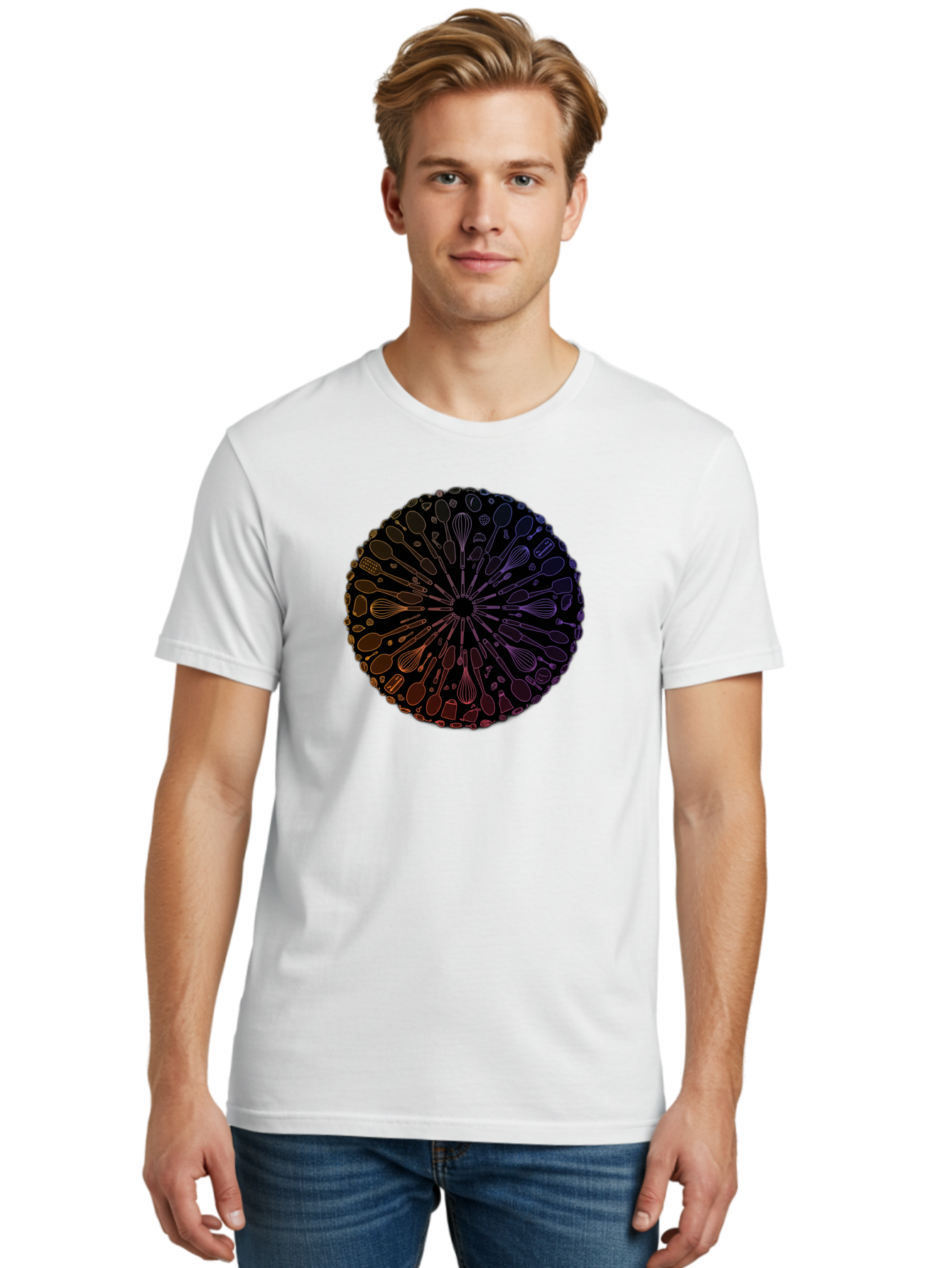 Kitchen-Utensils-Mandala Men'S Graphic Tee, 100% Cotton, Comfortable Casual Summer Wear, Machine Washable, Kitchen Utensils, Cooking Tools, Mandala Design, Colorful Gradient, Spoons, Whisks, Spatulas, Pastry Brushes, Food Preparation, Bad253