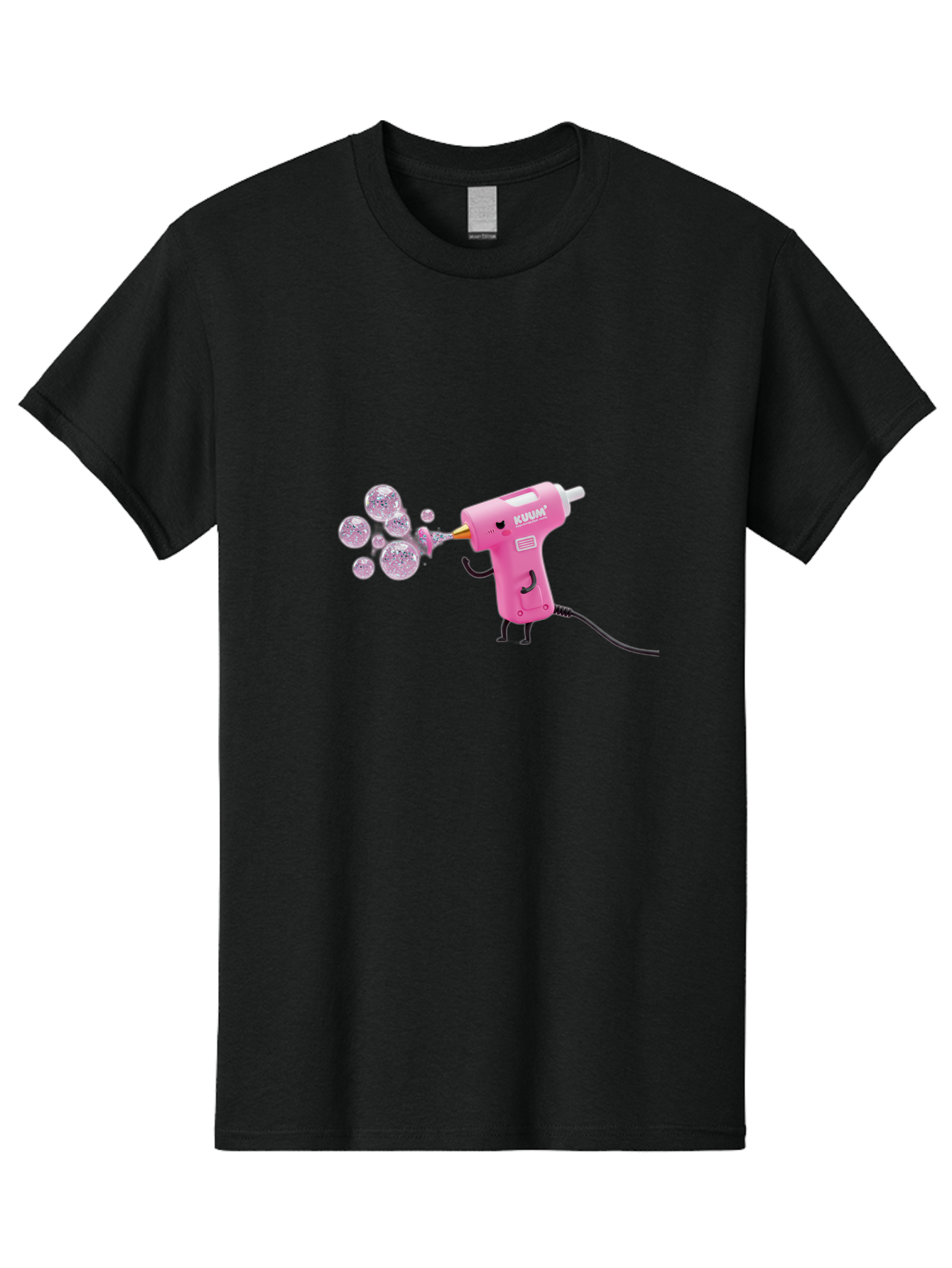 Kunan-Hot-Glue-Gun Men'S Graphic Tee, 100% Cotton, Comfortable Casual Summer Wear, Machine Washable, Hot Glue Gun Blowing Bubbles, Pink Power Tool, Kunan Brand, Cartoon Character, Creative Tool, Diy Craft, Whimsical Illustration, Fun Design, Bad254