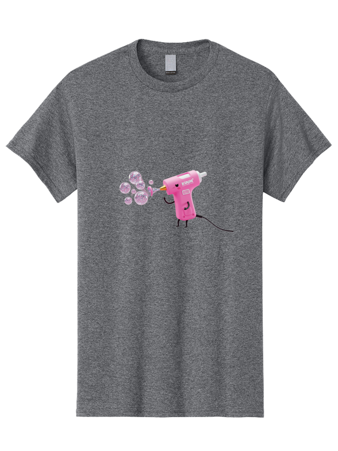 Kunan-Hot-Glue-Gun Men'S Graphic Tee, 100% Cotton, Comfortable Casual Summer Wear, Machine Washable, Hot Glue Gun Blowing Bubbles, Pink Power Tool, Kunan Brand, Cartoon Character, Creative Tool, Diy Craft, Whimsical Illustration, Fun Design, Bad254