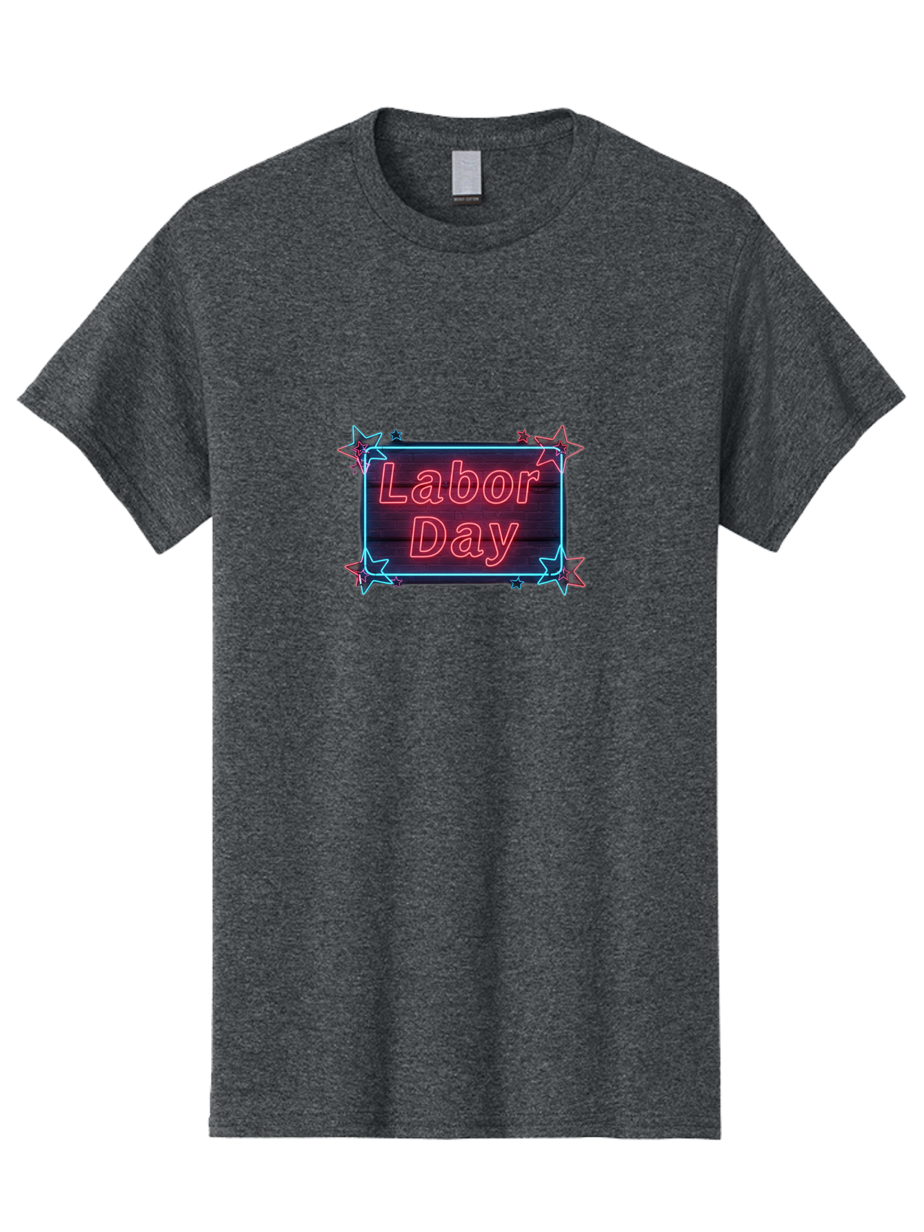 Labor-Day-5 Men'S Graphic Tee, 100% Cotton, Comfortable Casual Summer Wear, Machine Washable, Labor Day Graphic, Neon Sign, Red Neon Lights, Star Decorations, Festive Design, Holiday Theme, Patriotic Celebration, Blue Outline Bad261