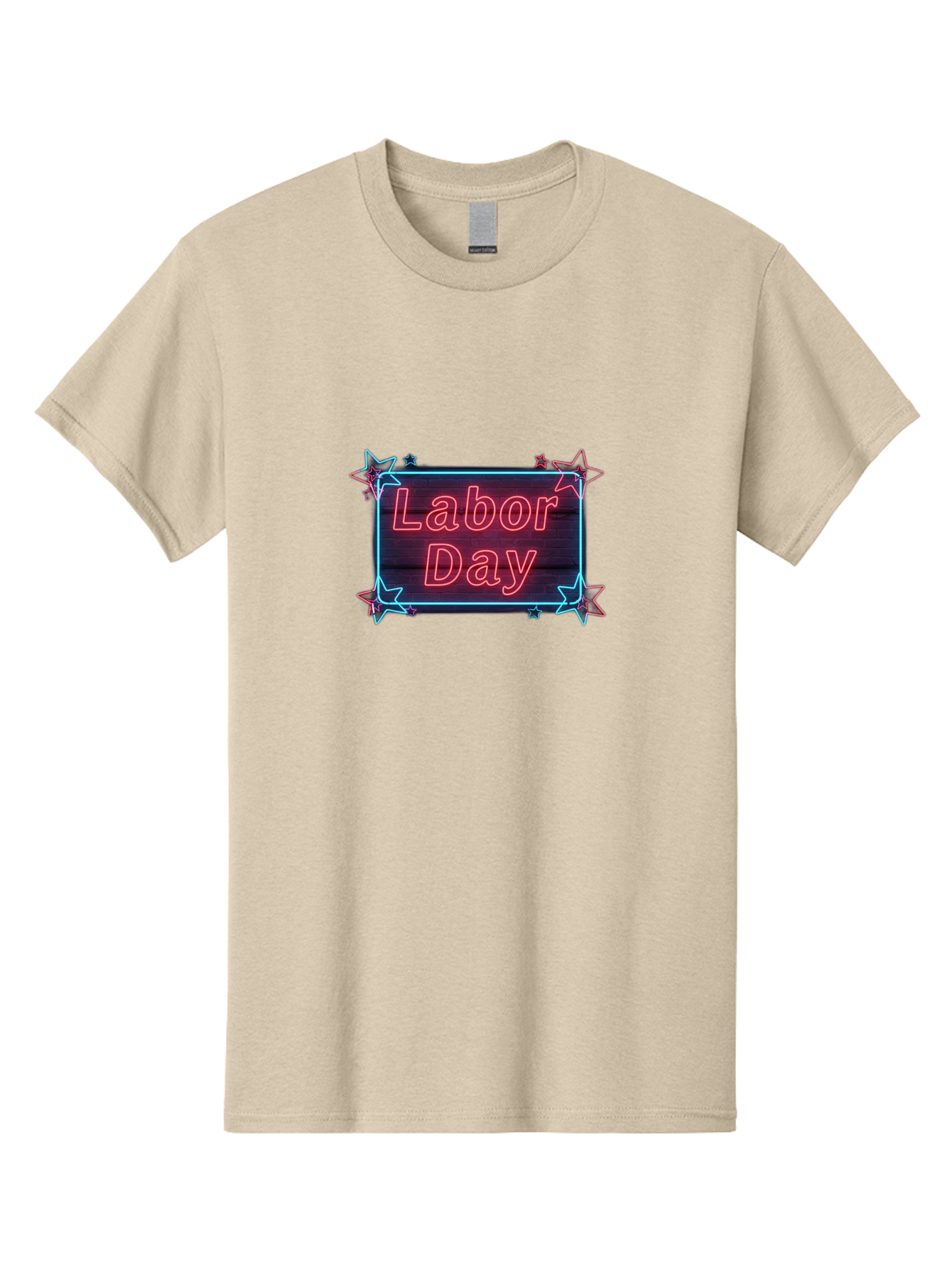 Labor-Day-5 Men'S Graphic Tee, 100% Cotton, Comfortable Casual Summer Wear, Machine Washable, Labor Day Graphic, Neon Sign, Red Neon Lights, Star Decorations, Festive Design, Holiday Theme, Patriotic Celebration, Blue Outline Bad261