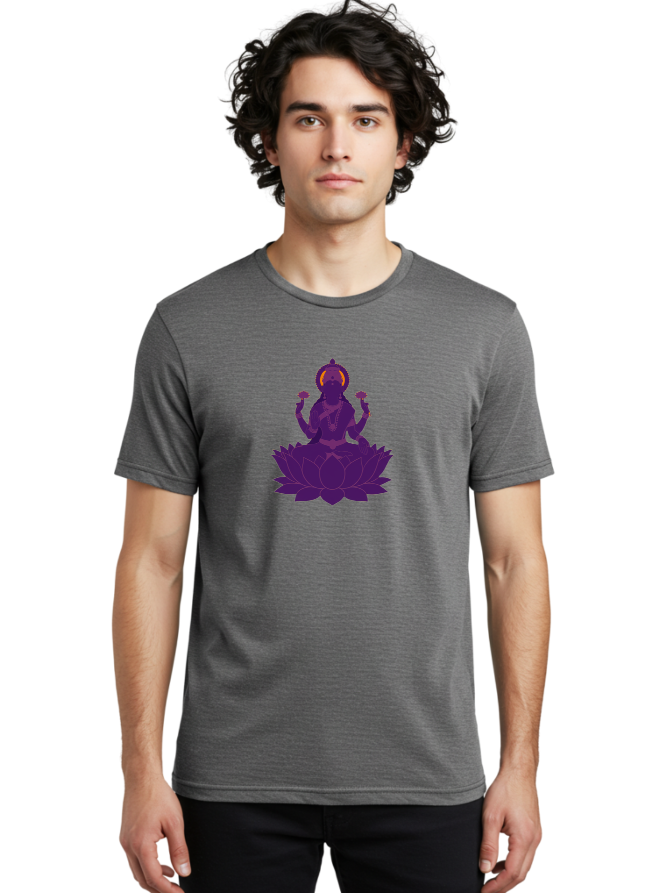 Lakshmi-2 Men'S Graphic Tee, 100% Cotton, Comfortable Casual Summer Wear, Machine Washable, Hindu Goddess, Lotus Flower, Multi-Armed Deity, Spiritual Symbolism, Sacred Geometry, Mystic Iconography, Purple Silhouette, Floral Motifs, Bad266
