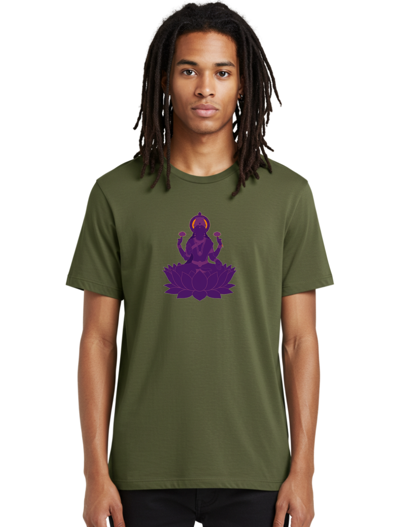 Lakshmi-2 Men'S Graphic Tee, 100% Cotton, Comfortable Casual Summer Wear, Machine Washable, Hindu Goddess, Lotus Flower, Multi-Armed Deity, Spiritual Symbolism, Sacred Geometry, Mystic Iconography, Purple Silhouette, Floral Motifs, Bad266