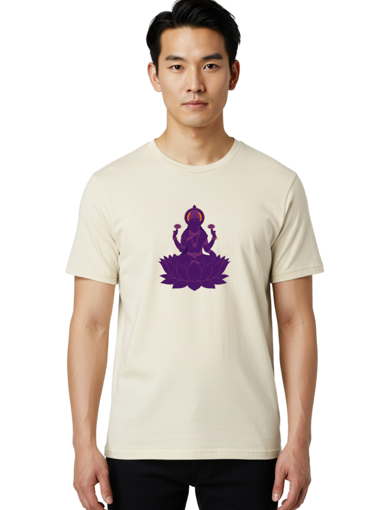 Lakshmi-2 Men'S Graphic Tee, 100% Cotton, Comfortable Casual Summer Wear, Machine Washable, Hindu Goddess, Lotus Flower, Multi-Armed Deity, Spiritual Symbolism, Sacred Geometry, Mystic Iconography, Purple Silhouette, Floral Motifs, Bad266