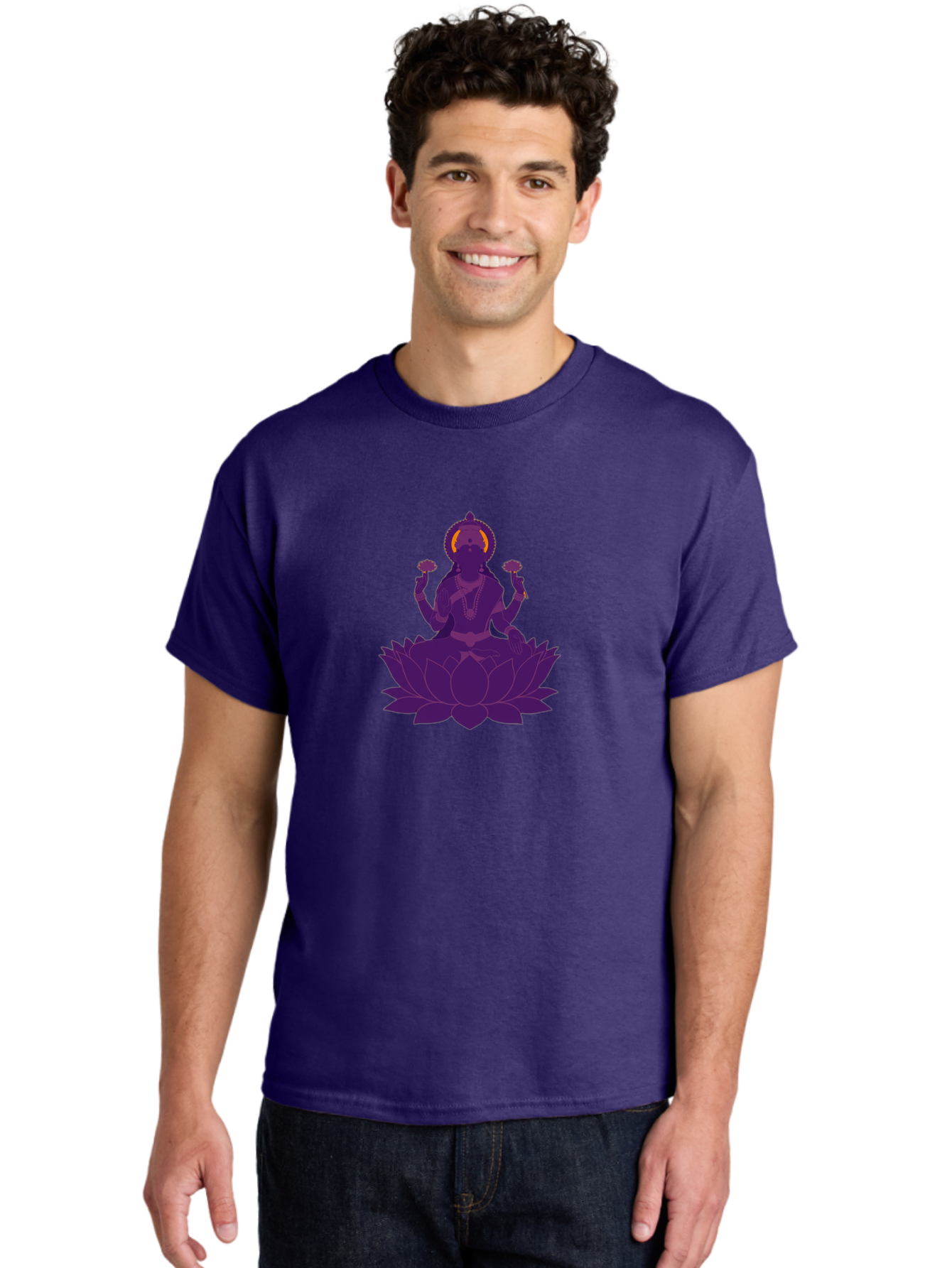 Lakshmi-2 Men'S Graphic Tee, 100% Cotton, Comfortable Casual Summer Wear, Machine Washable, Hindu Goddess, Lotus Flower, Multi-Armed Deity, Spiritual Symbolism, Sacred Geometry, Mystic Iconography, Purple Silhouette, Floral Motifs, Bad266