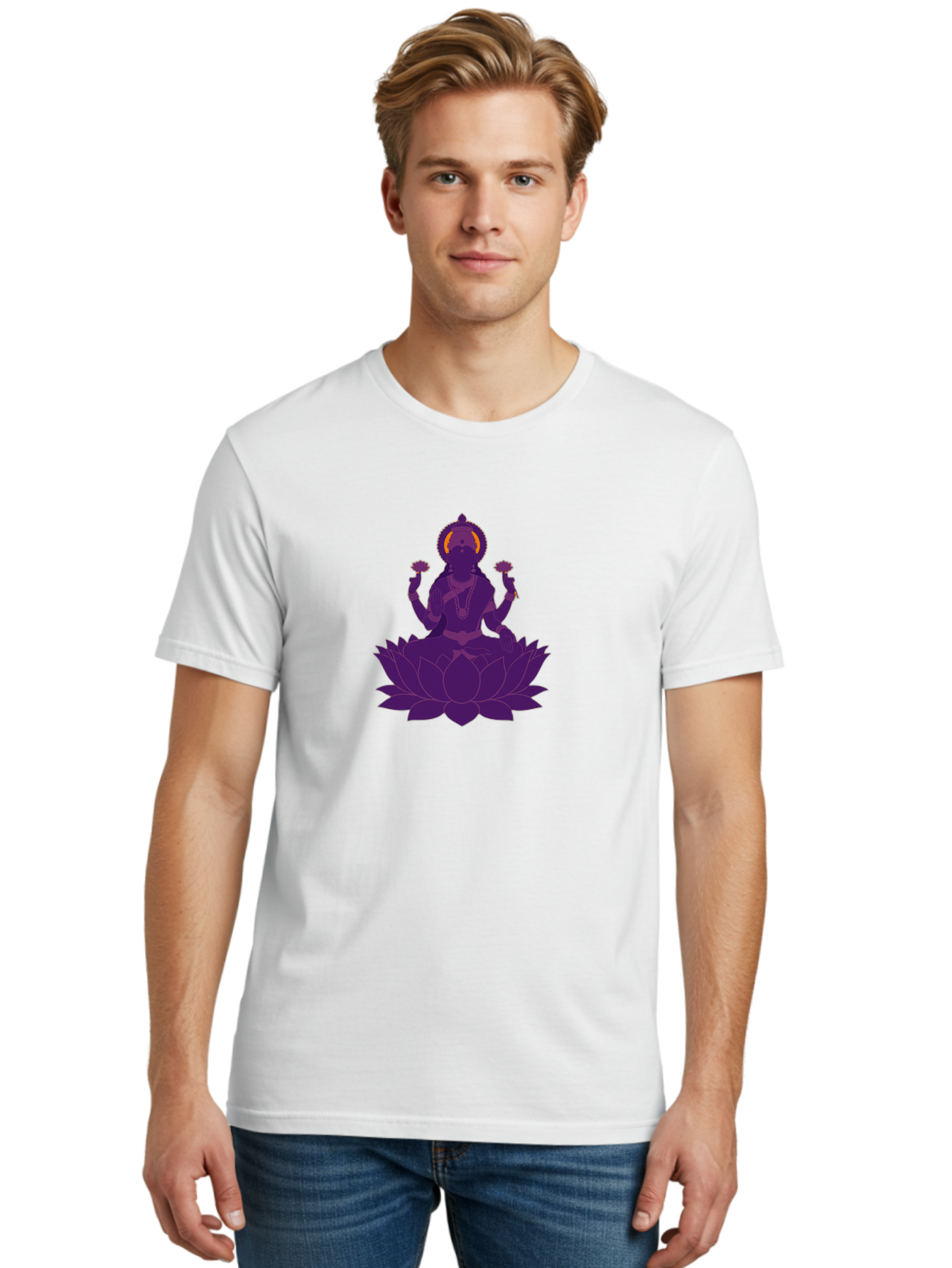 Lakshmi-2 Men'S Graphic Tee, 100% Cotton, Comfortable Casual Summer Wear, Machine Washable, Hindu Goddess, Lotus Flower, Multi-Armed Deity, Spiritual Symbolism, Sacred Geometry, Mystic Iconography, Purple Silhouette, Floral Motifs, Bad266