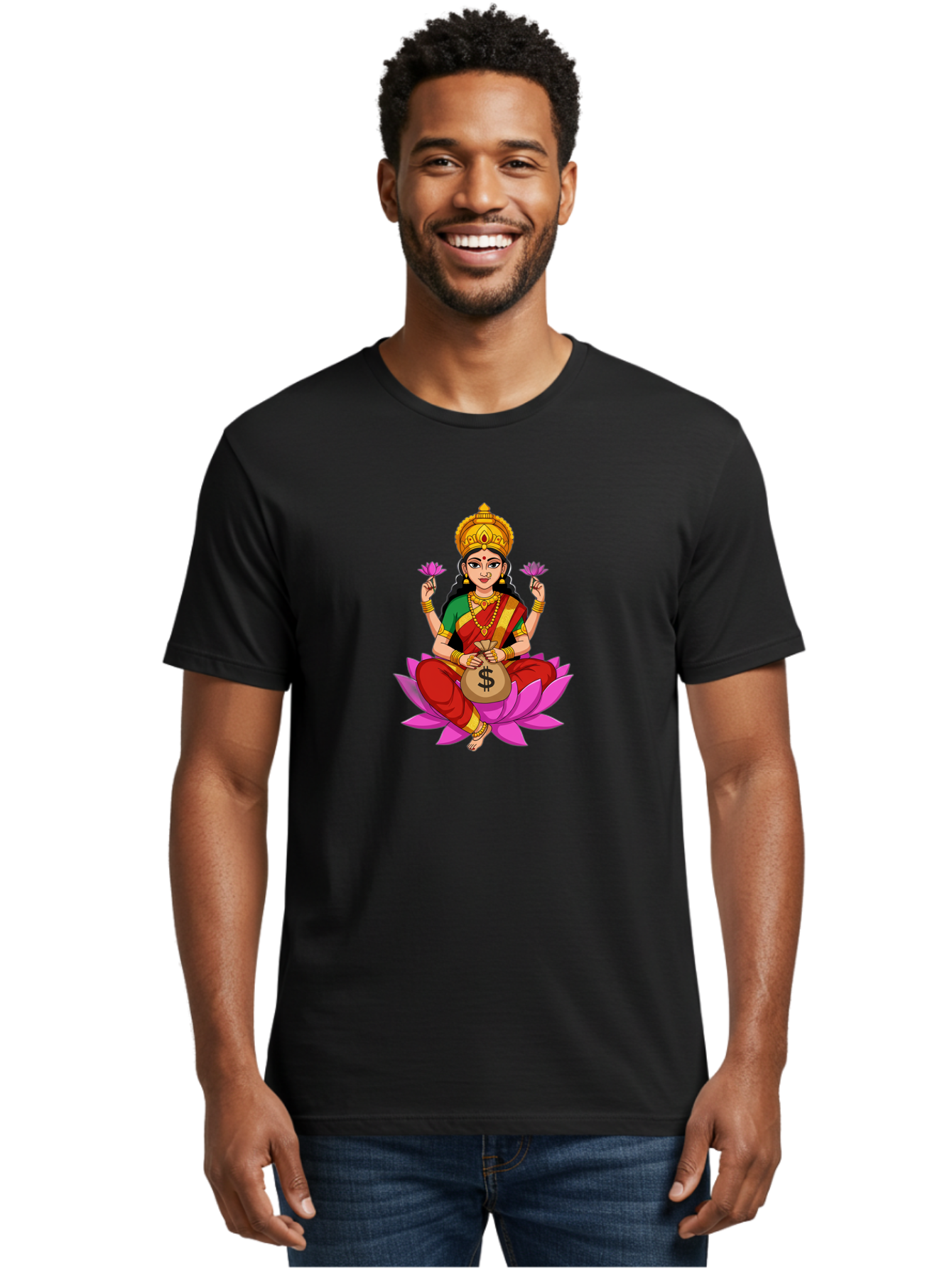 Lakshmi-3 Men'S Graphic Tee, 100% Cotton, Comfortable Casual Summer Wear, Machine Washable, Goddess Lakshmi, Lotus Flower, Prosperity, Wealth, Indian Mythology, Traditional Attire, Jewelry, $ Symbol, Spiritual Growth, Good Fortune, Bad267