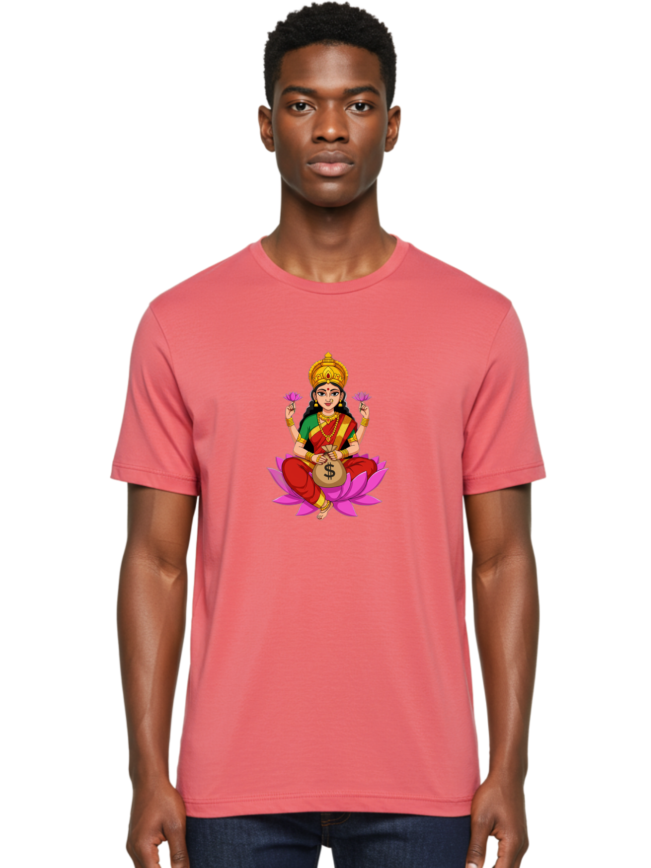 Lakshmi-3 Men'S Graphic Tee, 100% Cotton, Comfortable Casual Summer Wear, Machine Washable, Goddess Lakshmi, Lotus Flower, Prosperity, Wealth, Indian Mythology, Traditional Attire, Jewelry, $ Symbol, Spiritual Growth, Good Fortune, Bad267