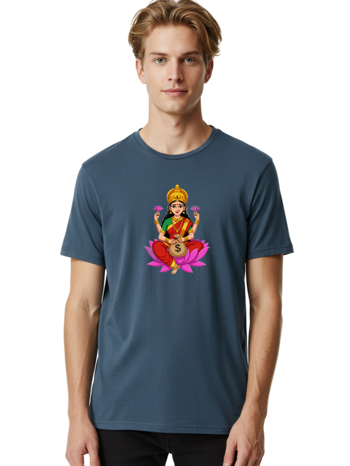 Lakshmi-3 Men'S Graphic Tee, 100% Cotton, Comfortable Casual Summer Wear, Machine Washable, Goddess Lakshmi, Lotus Flower, Prosperity, Wealth, Indian Mythology, Traditional Attire, Jewelry, $ Symbol, Spiritual Growth, Good Fortune, Bad267