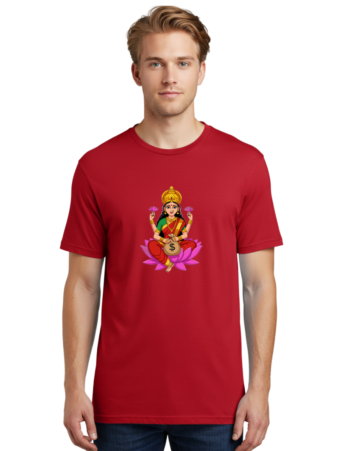 Lakshmi-3 Men'S Graphic Tee, 100% Cotton, Comfortable Casual Summer Wear, Machine Washable, Goddess Lakshmi, Lotus Flower, Prosperity, Wealth, Indian Mythology, Traditional Attire, Jewelry, $ Symbol, Spiritual Growth, Good Fortune, Bad267
