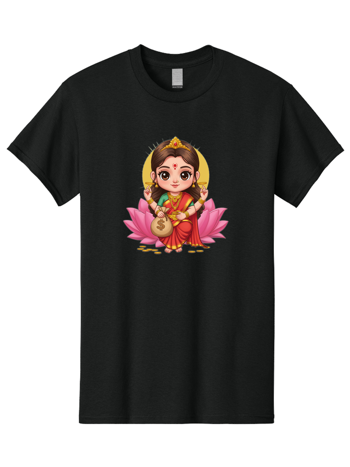 Lakshmi-4 Men'S Graphic Tee, 100% Cotton, Comfortable Casual Summer Wear, Machine Washable, Goddess Lakshmi, Hindu Deity, Prosperity Symbol, Lotus Flower, Golden Jewelry, Red Sari, Four-Armed Figure, Money Bag, Dollar Sign, Wealth And Fortune, Bad268