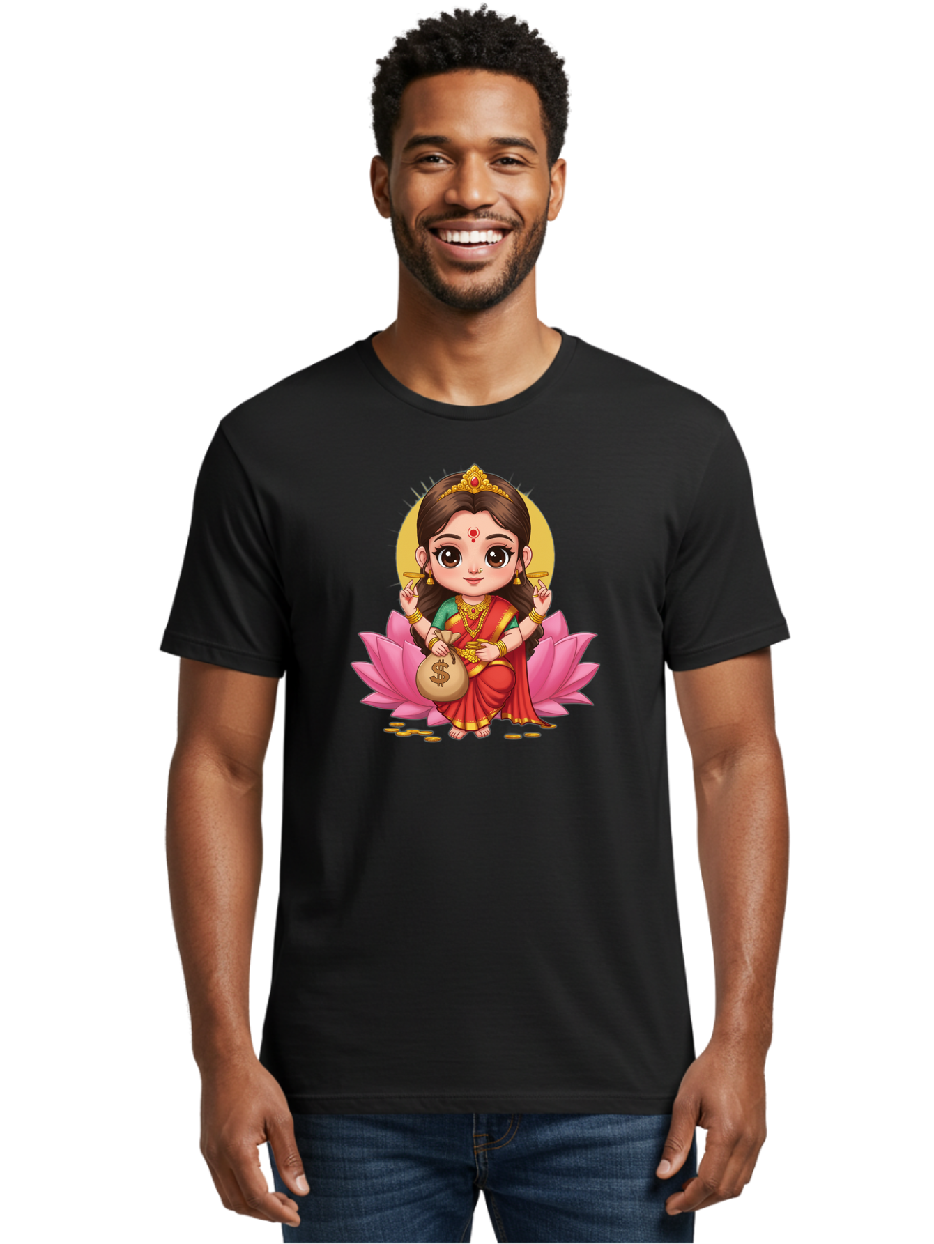 Lakshmi-4 Men'S Graphic Tee, 100% Cotton, Comfortable Casual Summer Wear, Machine Washable, Goddess Lakshmi, Hindu Deity, Prosperity Symbol, Lotus Flower, Golden Jewelry, Red Sari, Four-Armed Figure, Money Bag, Dollar Sign, Wealth And Fortune, Bad268