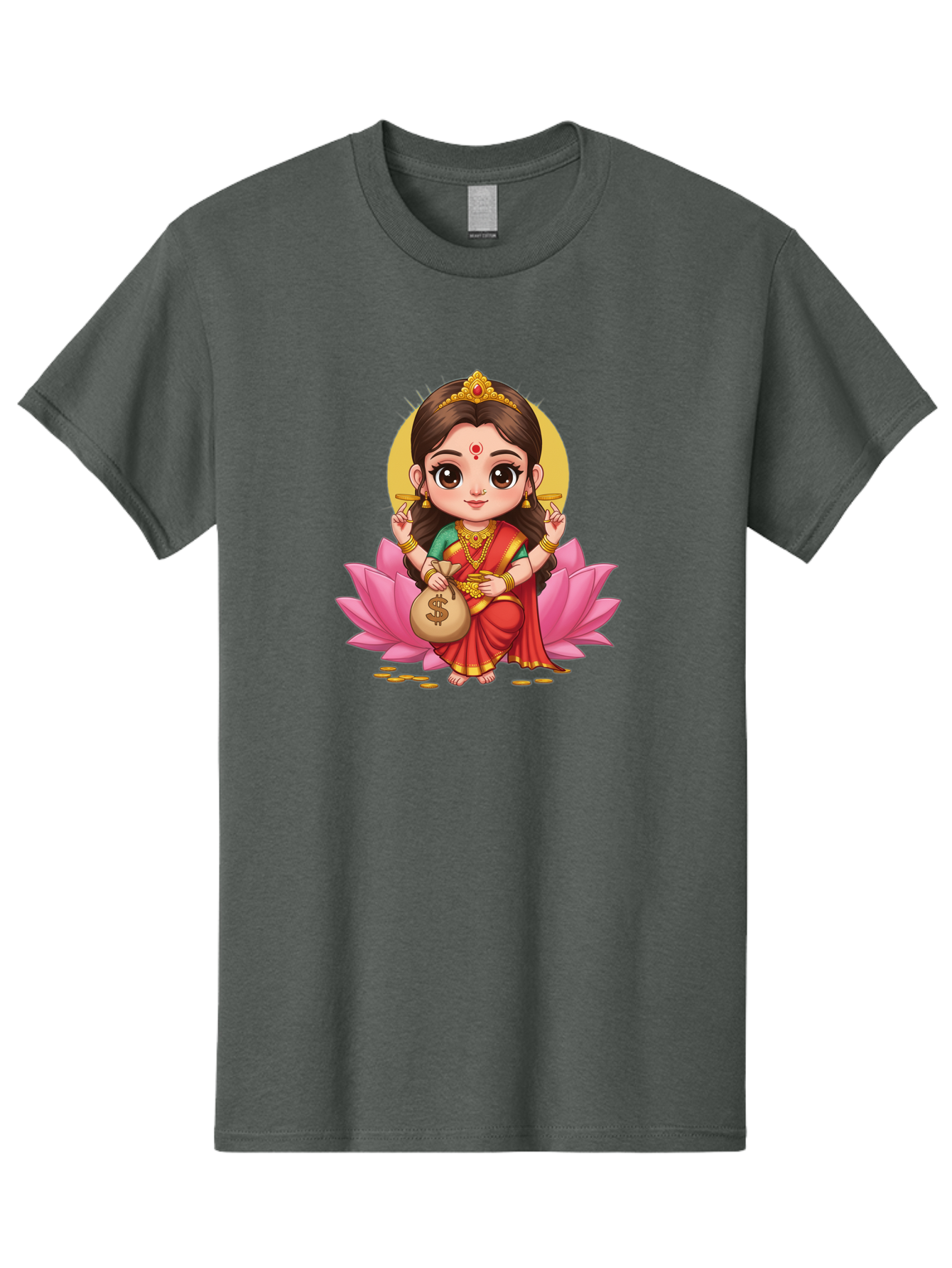 Lakshmi-4 Men'S Graphic Tee, 100% Cotton, Comfortable Casual Summer Wear, Machine Washable, Goddess Lakshmi, Hindu Deity, Prosperity Symbol, Lotus Flower, Golden Jewelry, Red Sari, Four-Armed Figure, Money Bag, Dollar Sign, Wealth And Fortune, Bad268