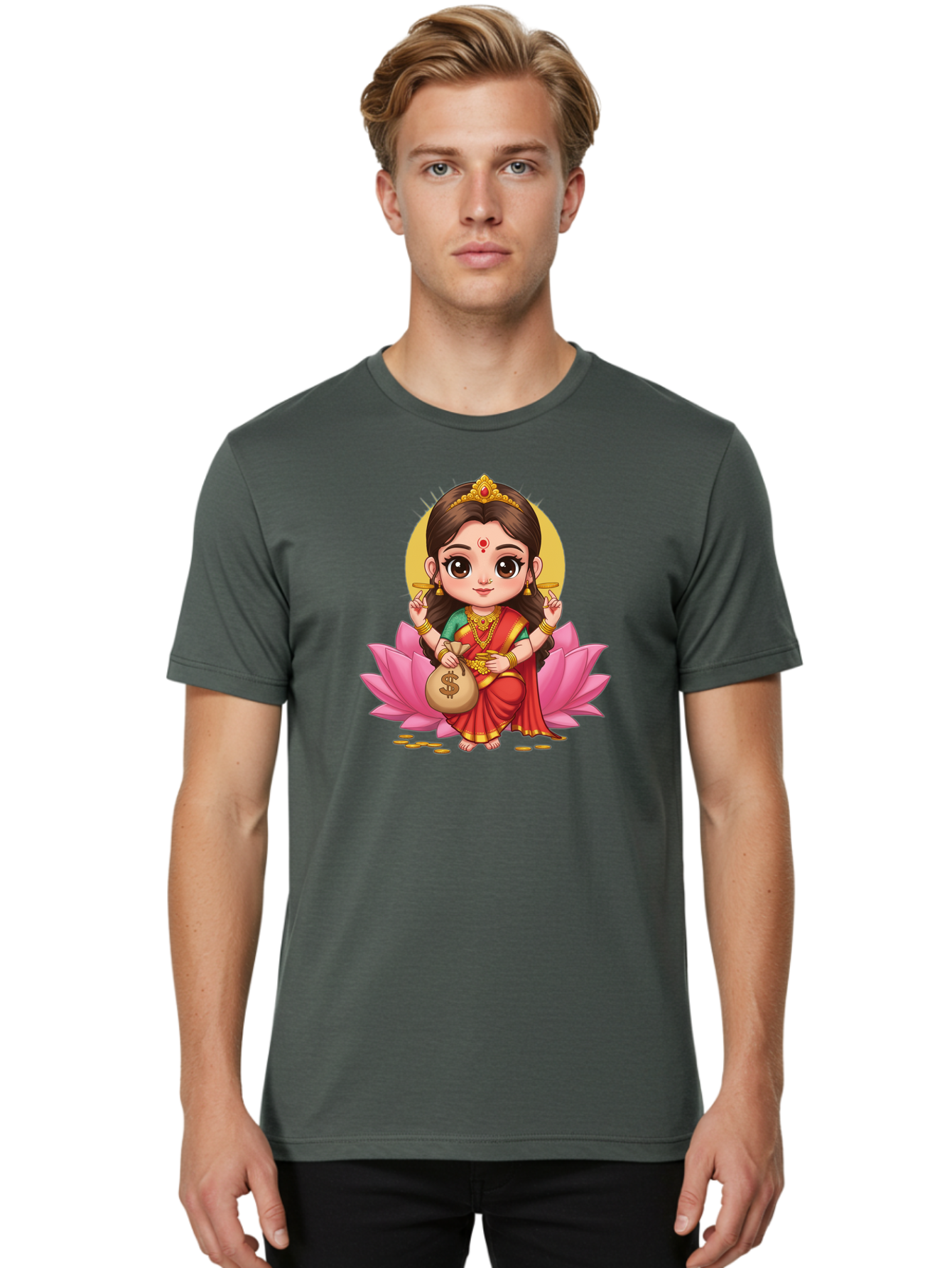 Lakshmi-4 Men'S Graphic Tee, 100% Cotton, Comfortable Casual Summer Wear, Machine Washable, Goddess Lakshmi, Hindu Deity, Prosperity Symbol, Lotus Flower, Golden Jewelry, Red Sari, Four-Armed Figure, Money Bag, Dollar Sign, Wealth And Fortune, Bad268