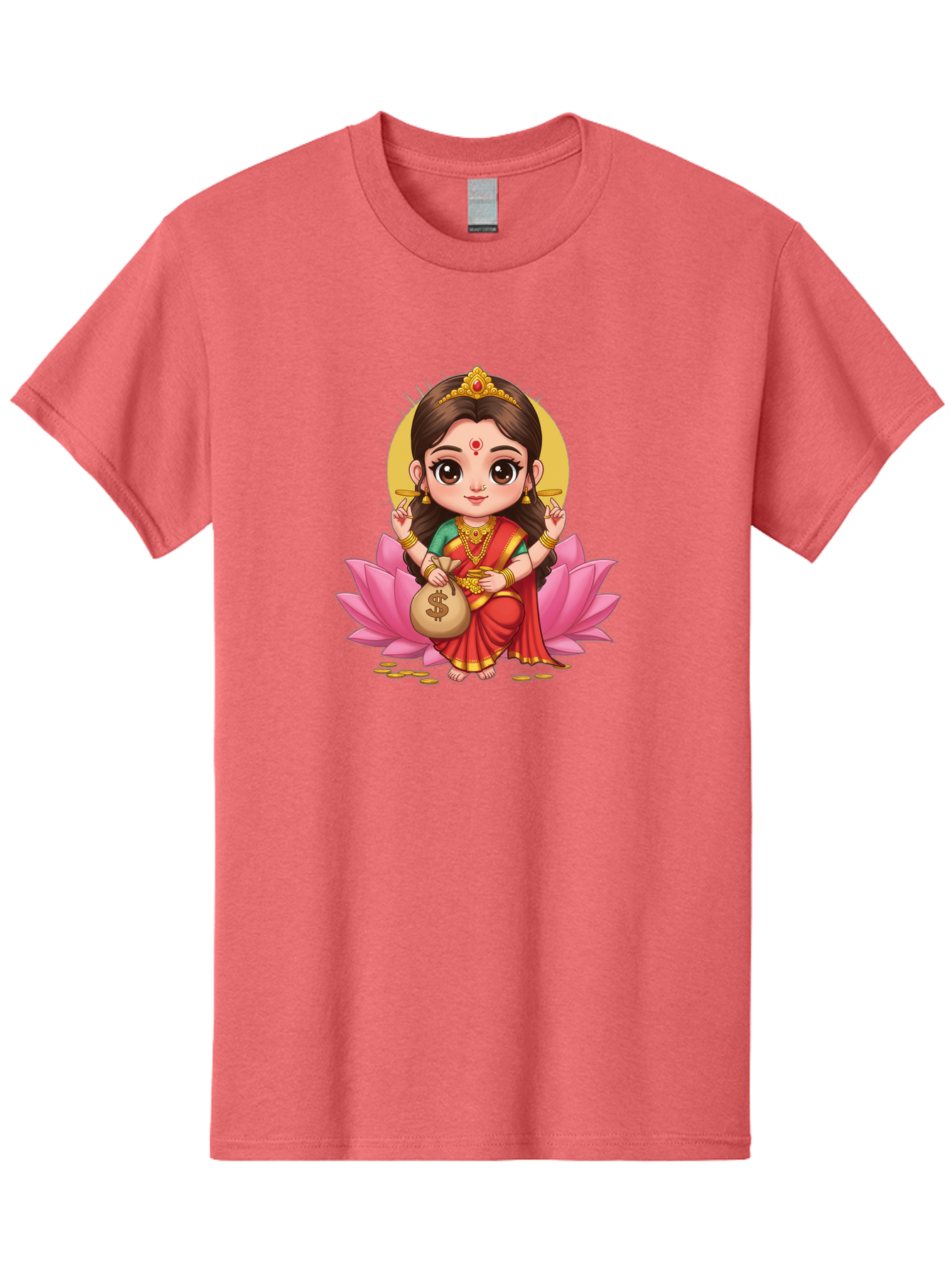 Lakshmi-4 Men'S Graphic Tee, 100% Cotton, Comfortable Casual Summer Wear, Machine Washable, Goddess Lakshmi, Hindu Deity, Prosperity Symbol, Lotus Flower, Golden Jewelry, Red Sari, Four-Armed Figure, Money Bag, Dollar Sign, Wealth And Fortune, Bad268