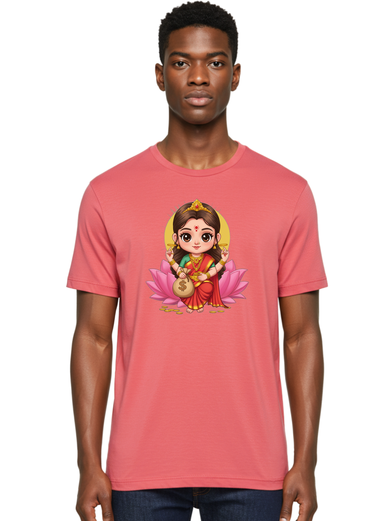 Lakshmi-4 Men'S Graphic Tee, 100% Cotton, Comfortable Casual Summer Wear, Machine Washable, Goddess Lakshmi, Hindu Deity, Prosperity Symbol, Lotus Flower, Golden Jewelry, Red Sari, Four-Armed Figure, Money Bag, Dollar Sign, Wealth And Fortune, Bad268
