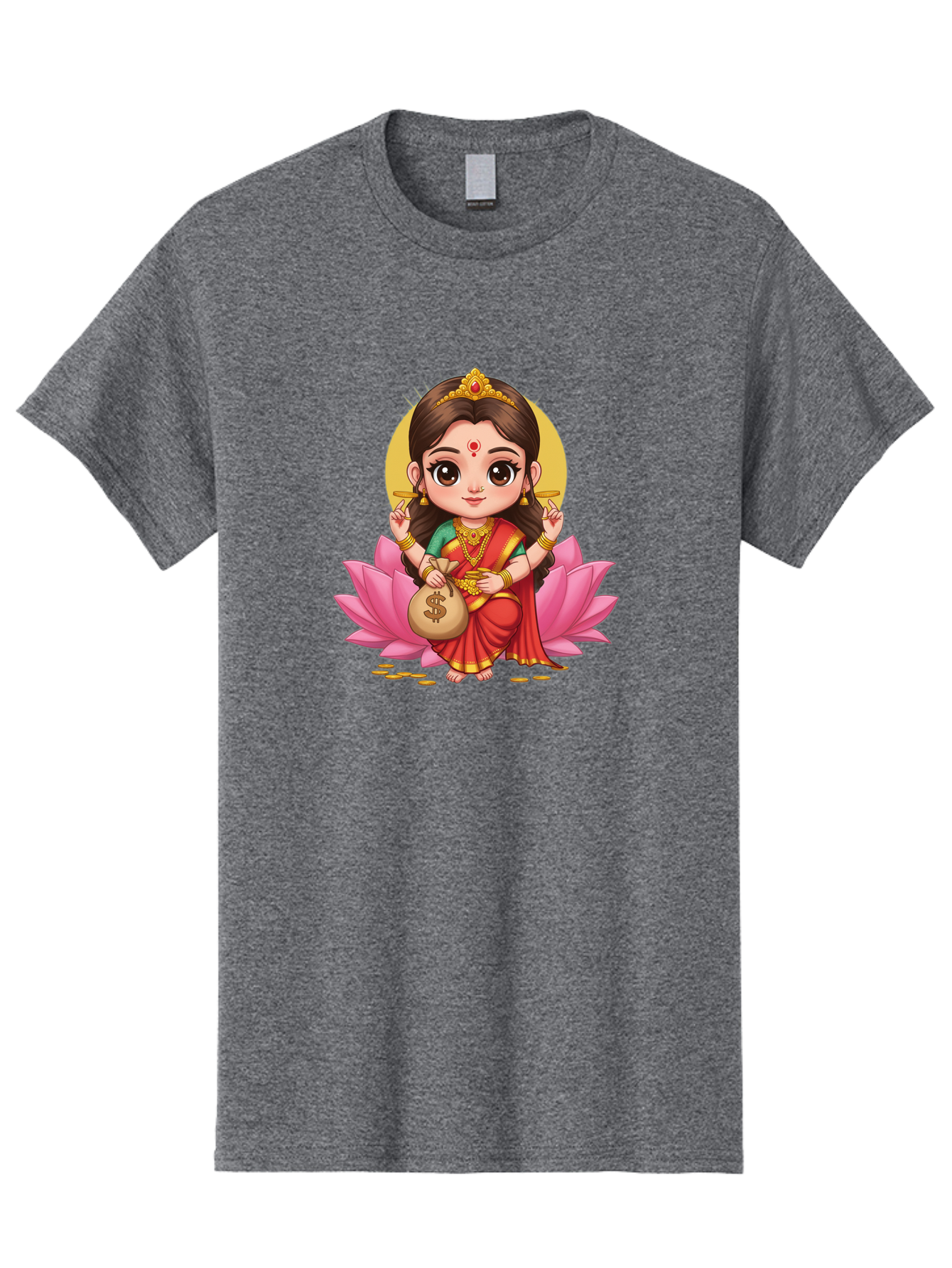 Lakshmi-4 Men'S Graphic Tee, 100% Cotton, Comfortable Casual Summer Wear, Machine Washable, Goddess Lakshmi, Hindu Deity, Prosperity Symbol, Lotus Flower, Golden Jewelry, Red Sari, Four-Armed Figure, Money Bag, Dollar Sign, Wealth And Fortune, Bad268