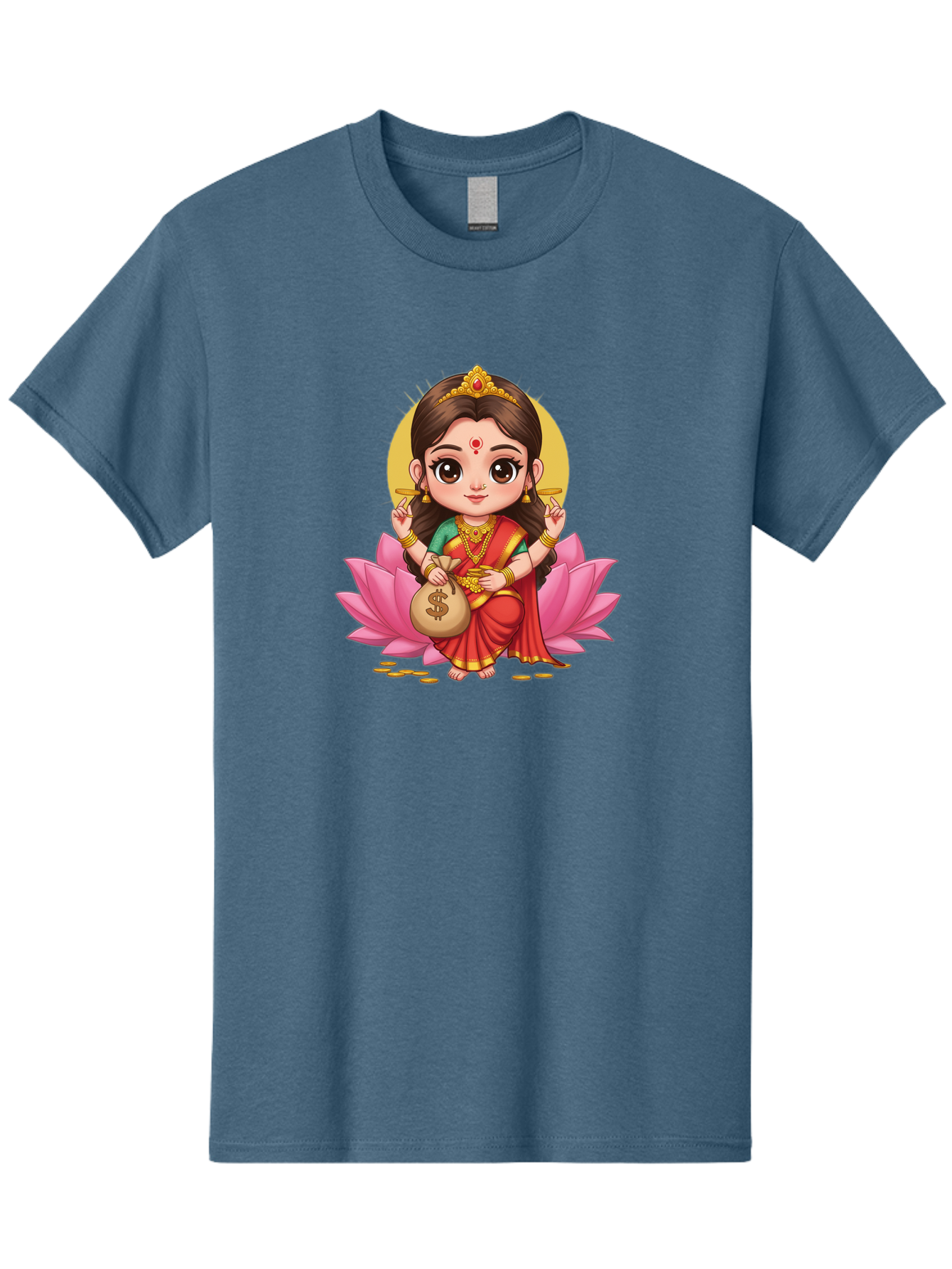 Lakshmi-4 Men'S Graphic Tee, 100% Cotton, Comfortable Casual Summer Wear, Machine Washable, Goddess Lakshmi, Hindu Deity, Prosperity Symbol, Lotus Flower, Golden Jewelry, Red Sari, Four-Armed Figure, Money Bag, Dollar Sign, Wealth And Fortune, Bad268