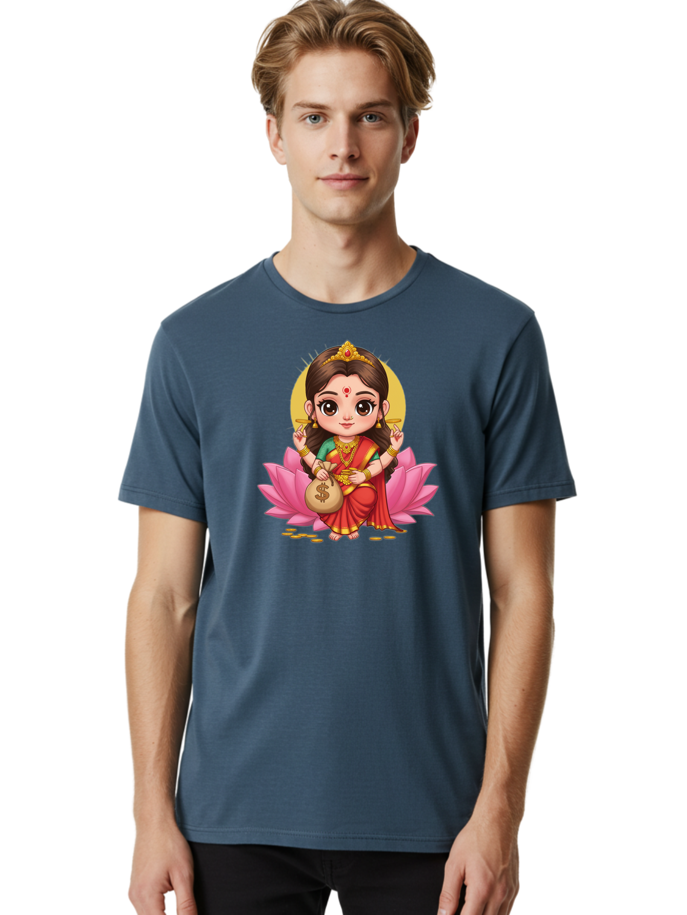 Lakshmi-4 Men'S Graphic Tee, 100% Cotton, Comfortable Casual Summer Wear, Machine Washable, Goddess Lakshmi, Hindu Deity, Prosperity Symbol, Lotus Flower, Golden Jewelry, Red Sari, Four-Armed Figure, Money Bag, Dollar Sign, Wealth And Fortune, Bad268