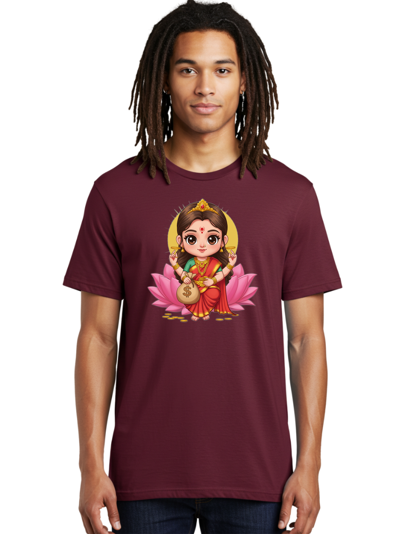 Lakshmi-4 Men'S Graphic Tee, 100% Cotton, Comfortable Casual Summer Wear, Machine Washable, Goddess Lakshmi, Hindu Deity, Prosperity Symbol, Lotus Flower, Golden Jewelry, Red Sari, Four-Armed Figure, Money Bag, Dollar Sign, Wealth And Fortune, Bad268