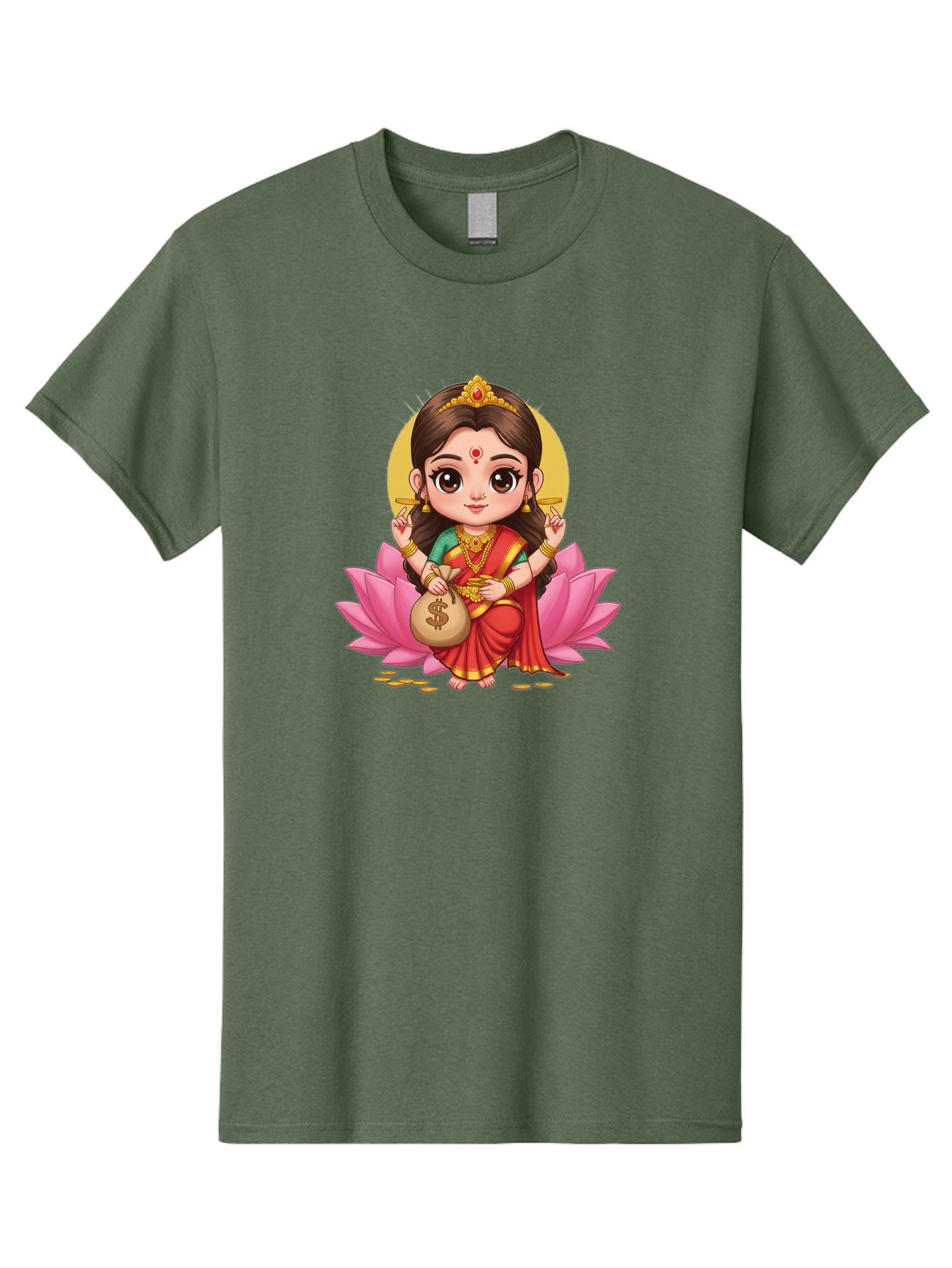 Lakshmi-4 Men'S Graphic Tee, 100% Cotton, Comfortable Casual Summer Wear, Machine Washable, Goddess Lakshmi, Hindu Deity, Prosperity Symbol, Lotus Flower, Golden Jewelry, Red Sari, Four-Armed Figure, Money Bag, Dollar Sign, Wealth And Fortune, Bad268