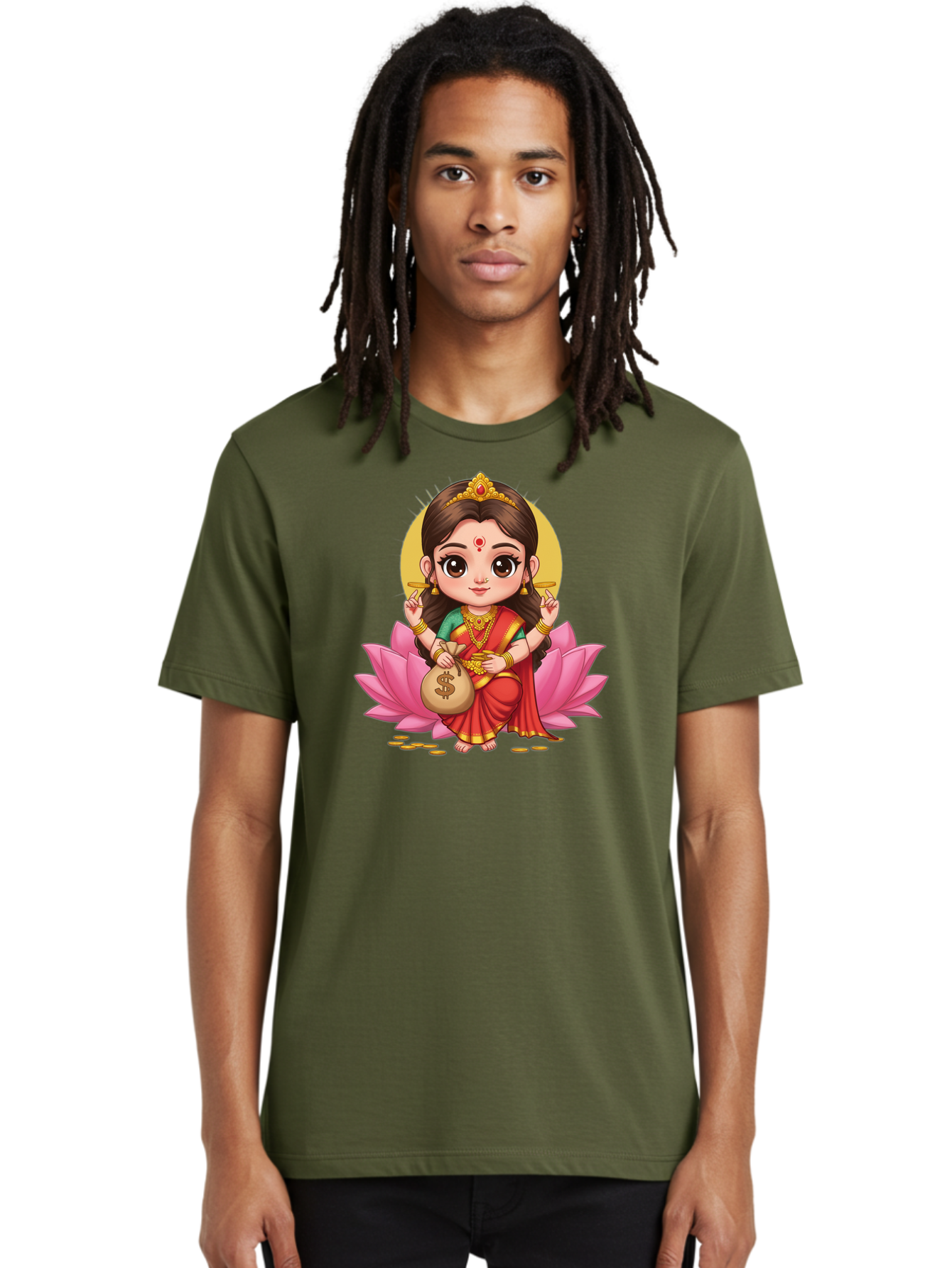 Lakshmi-4 Men'S Graphic Tee, 100% Cotton, Comfortable Casual Summer Wear, Machine Washable, Goddess Lakshmi, Hindu Deity, Prosperity Symbol, Lotus Flower, Golden Jewelry, Red Sari, Four-Armed Figure, Money Bag, Dollar Sign, Wealth And Fortune, Bad268
