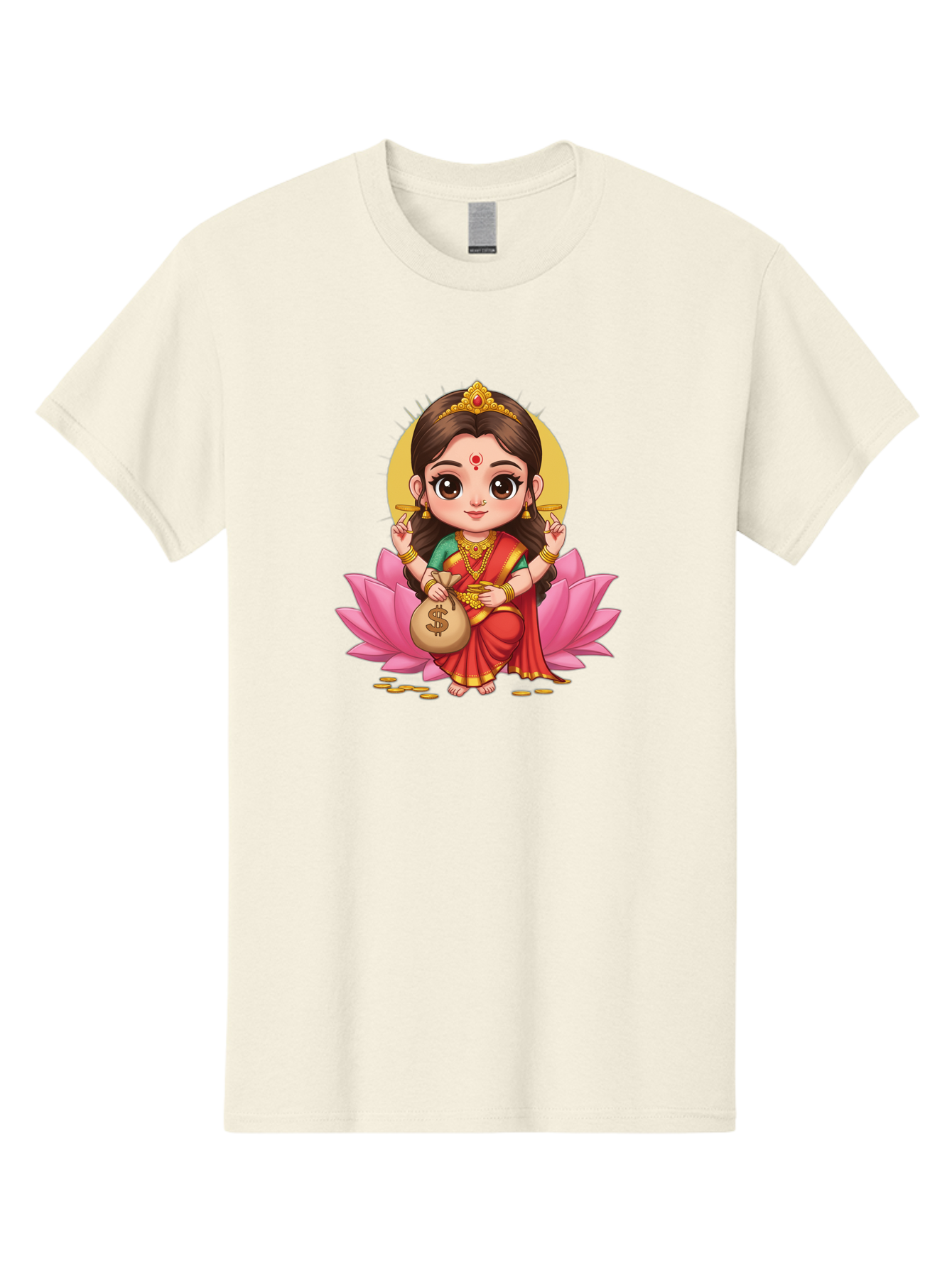 Lakshmi-4 Men'S Graphic Tee, 100% Cotton, Comfortable Casual Summer Wear, Machine Washable, Goddess Lakshmi, Hindu Deity, Prosperity Symbol, Lotus Flower, Golden Jewelry, Red Sari, Four-Armed Figure, Money Bag, Dollar Sign, Wealth And Fortune, Bad268