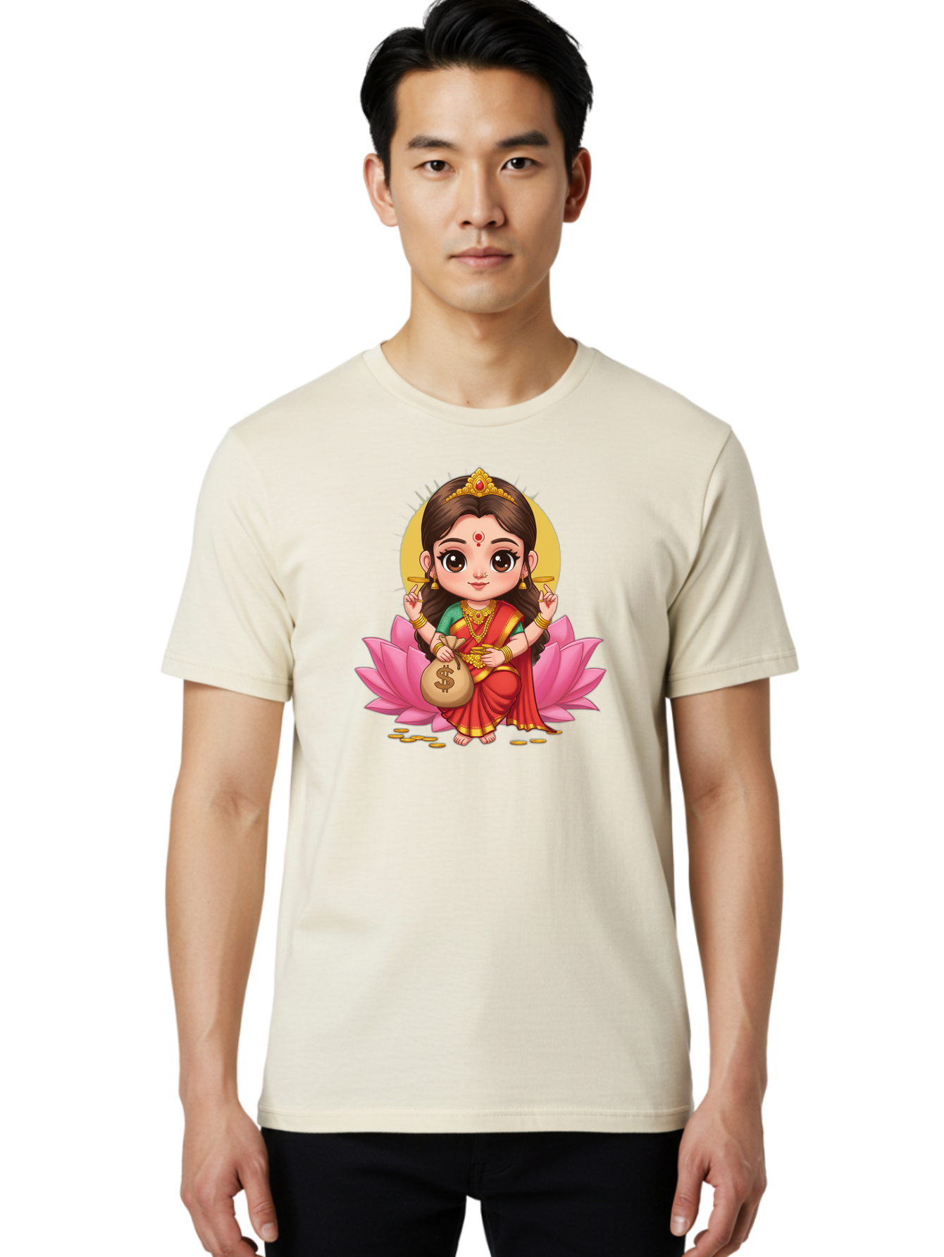 Lakshmi-4 Men'S Graphic Tee, 100% Cotton, Comfortable Casual Summer Wear, Machine Washable, Goddess Lakshmi, Hindu Deity, Prosperity Symbol, Lotus Flower, Golden Jewelry, Red Sari, Four-Armed Figure, Money Bag, Dollar Sign, Wealth And Fortune, Bad268
